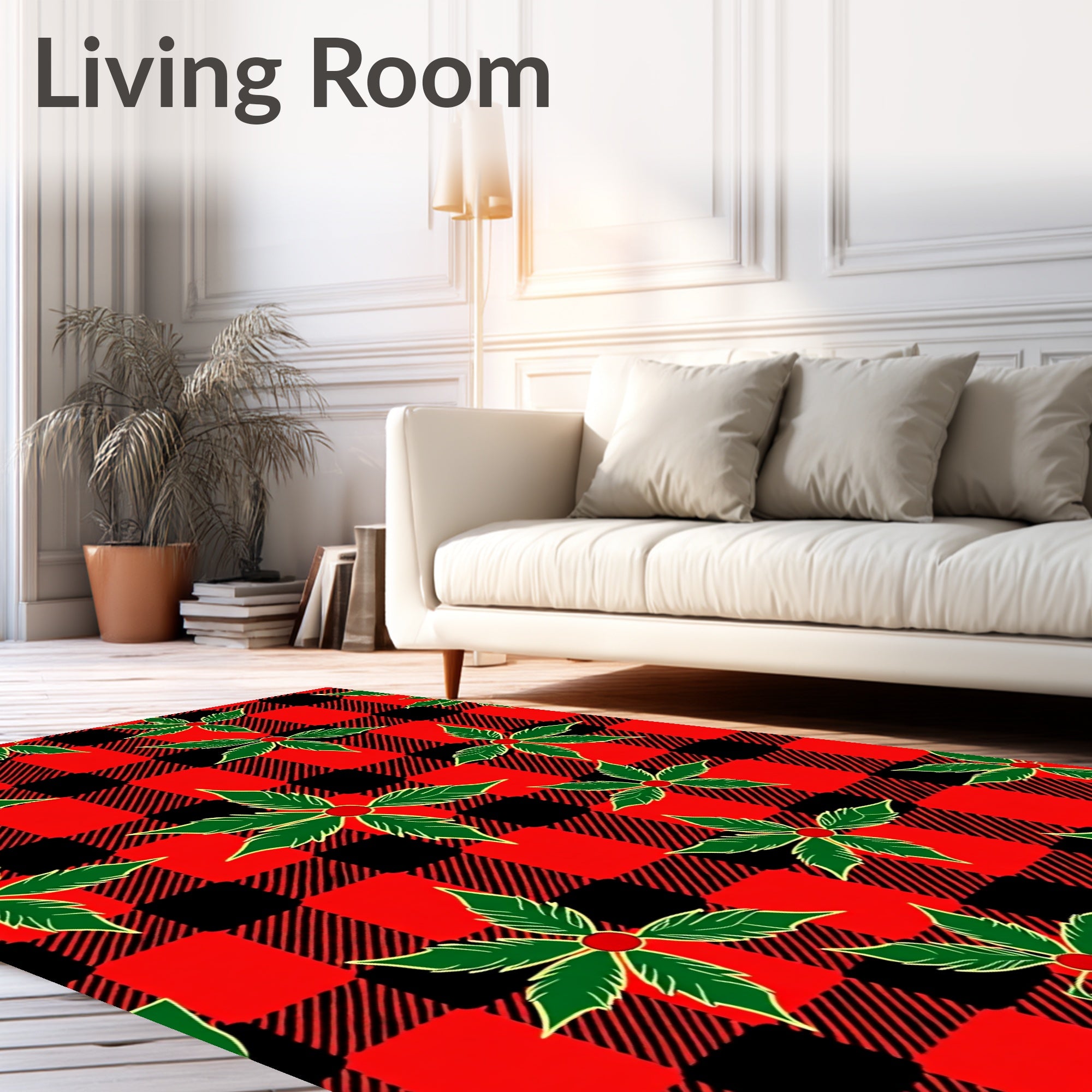 Red Black Buffalo Plaid Holly Leaves Rug
