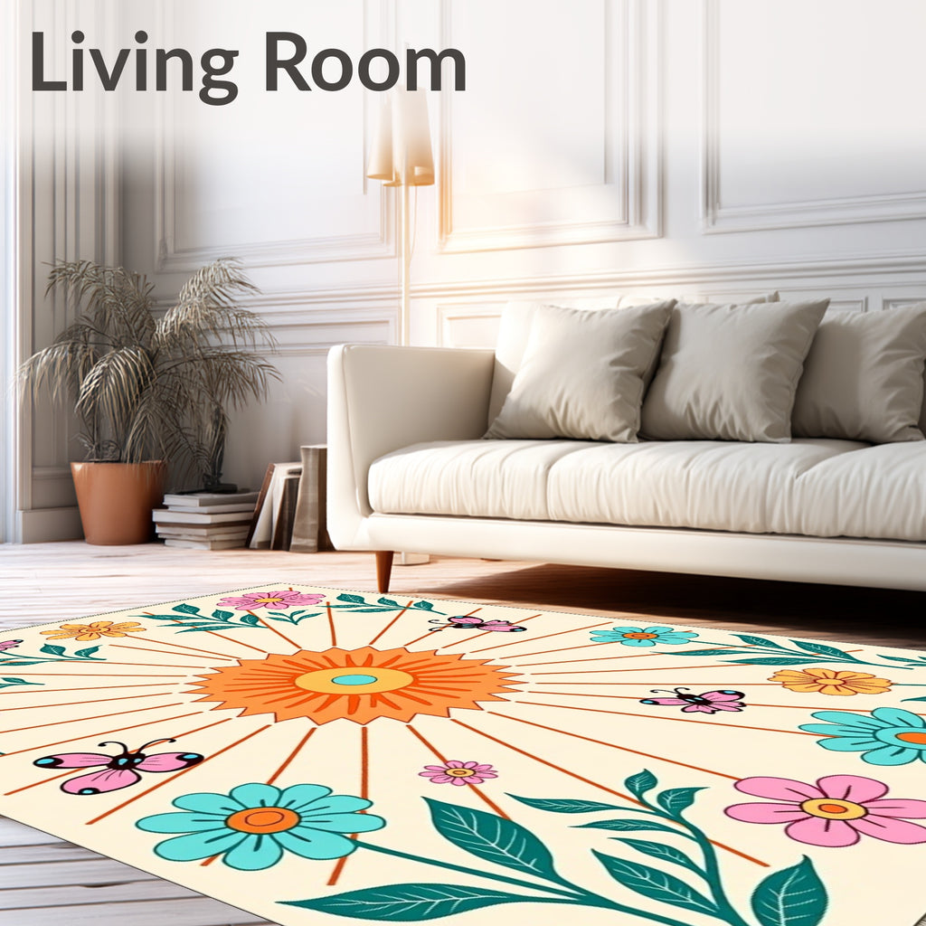 Retro Orange Sun Butterfly Floral Meadow Rug