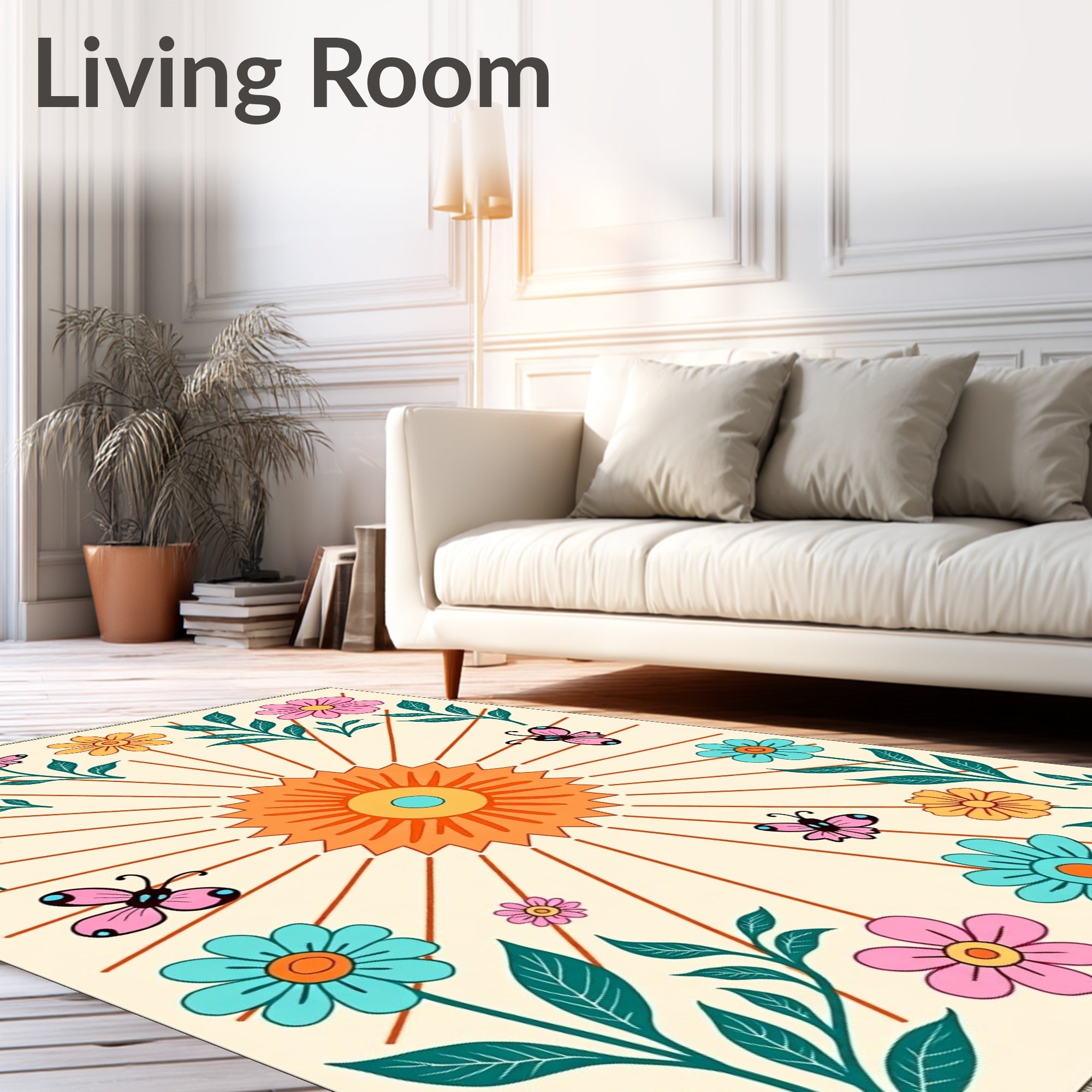 Retro Orange Sun Butterfly Floral Meadow Rug