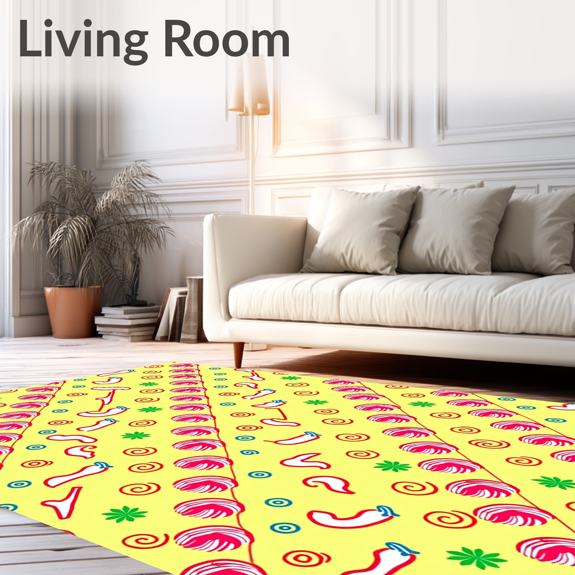 Playful Yellow Red Swirls and Shapes Rug