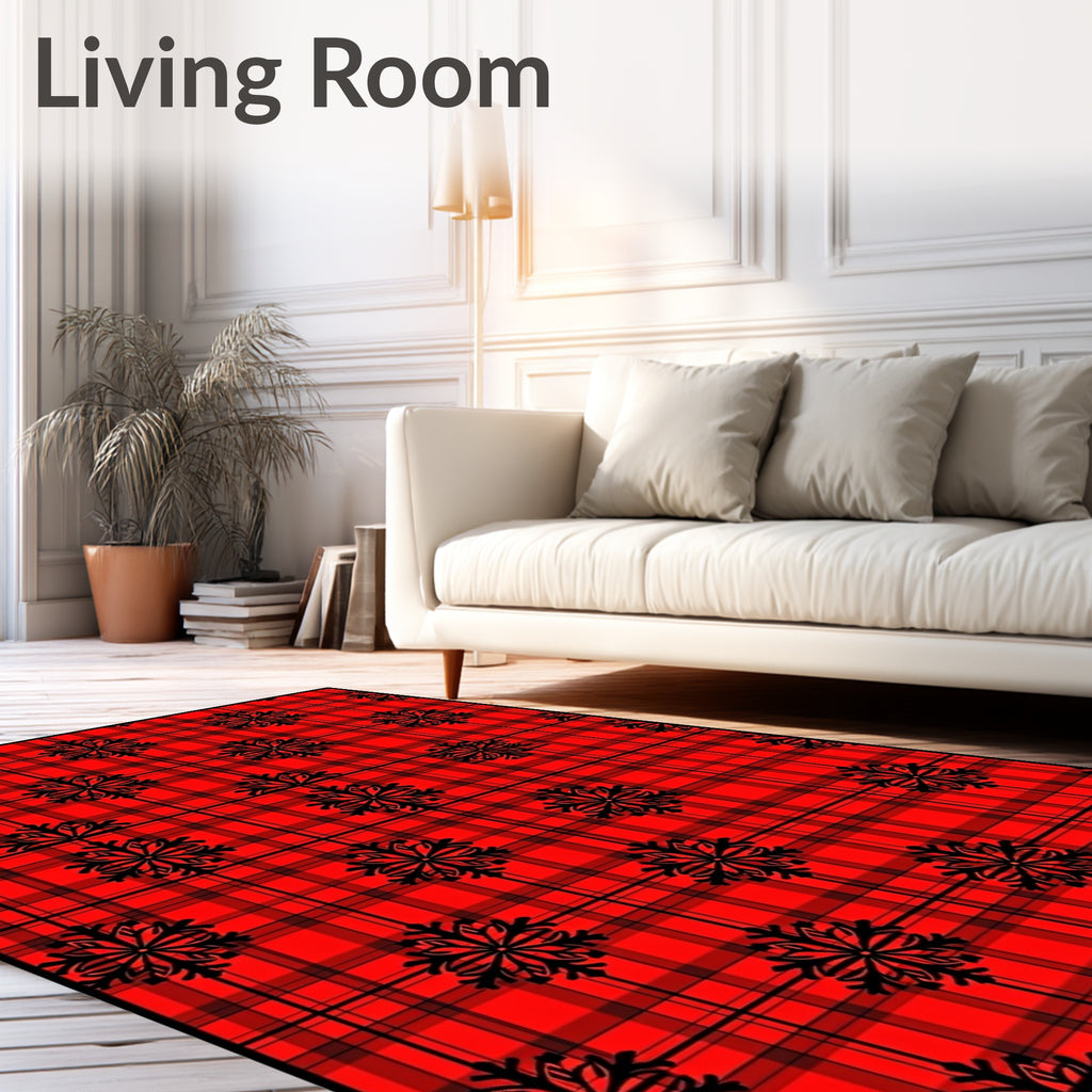 Red Black Plaid Snowflake Scatter Rug