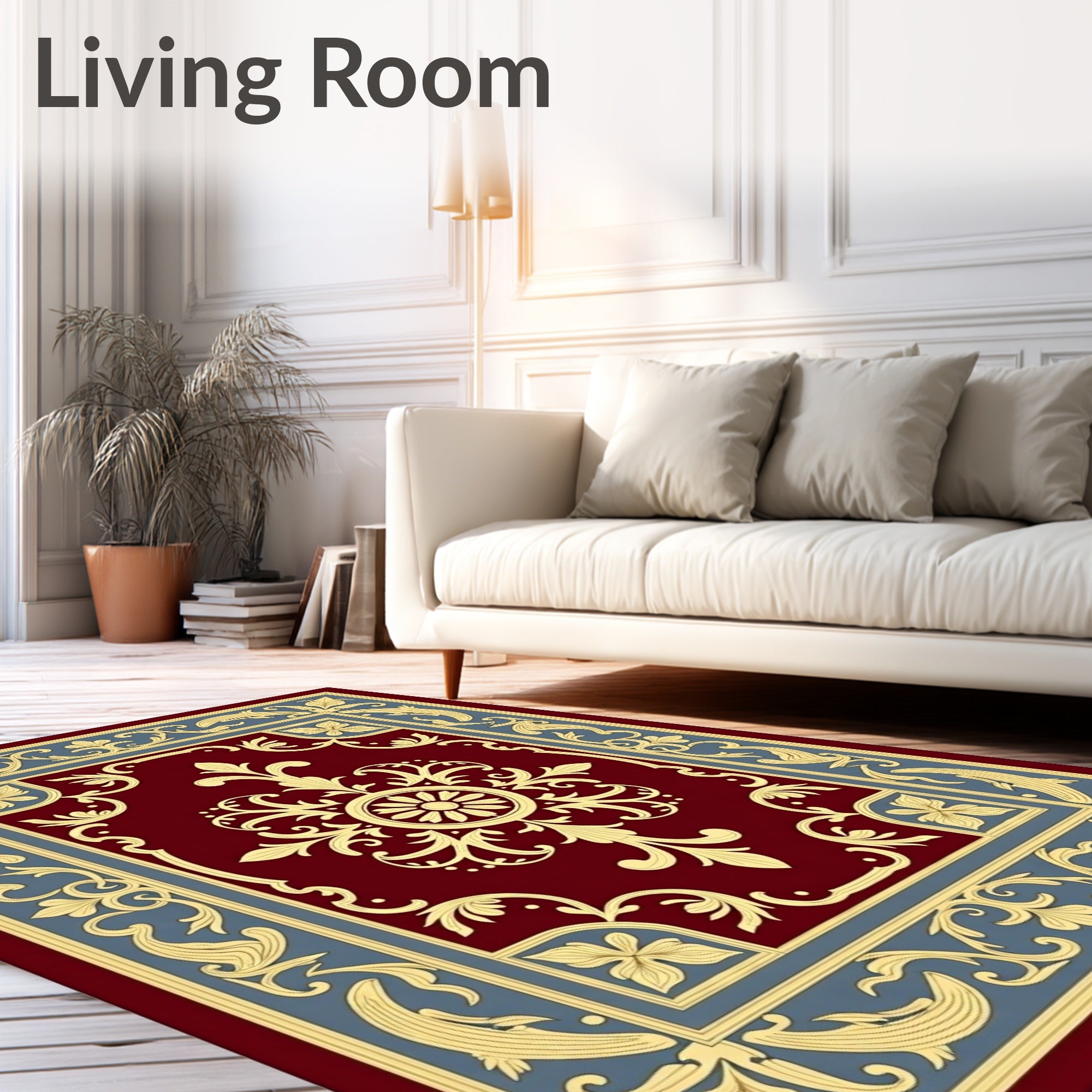 Crimson Golden Baroque Floral Border Rug