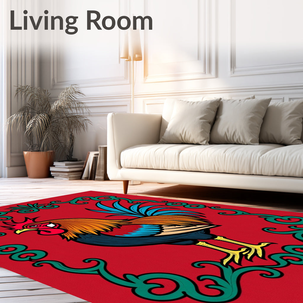 Vibrant Red Rooster Floral Border Rug