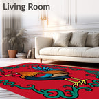 Vibrant Red Rooster Floral Border Rug