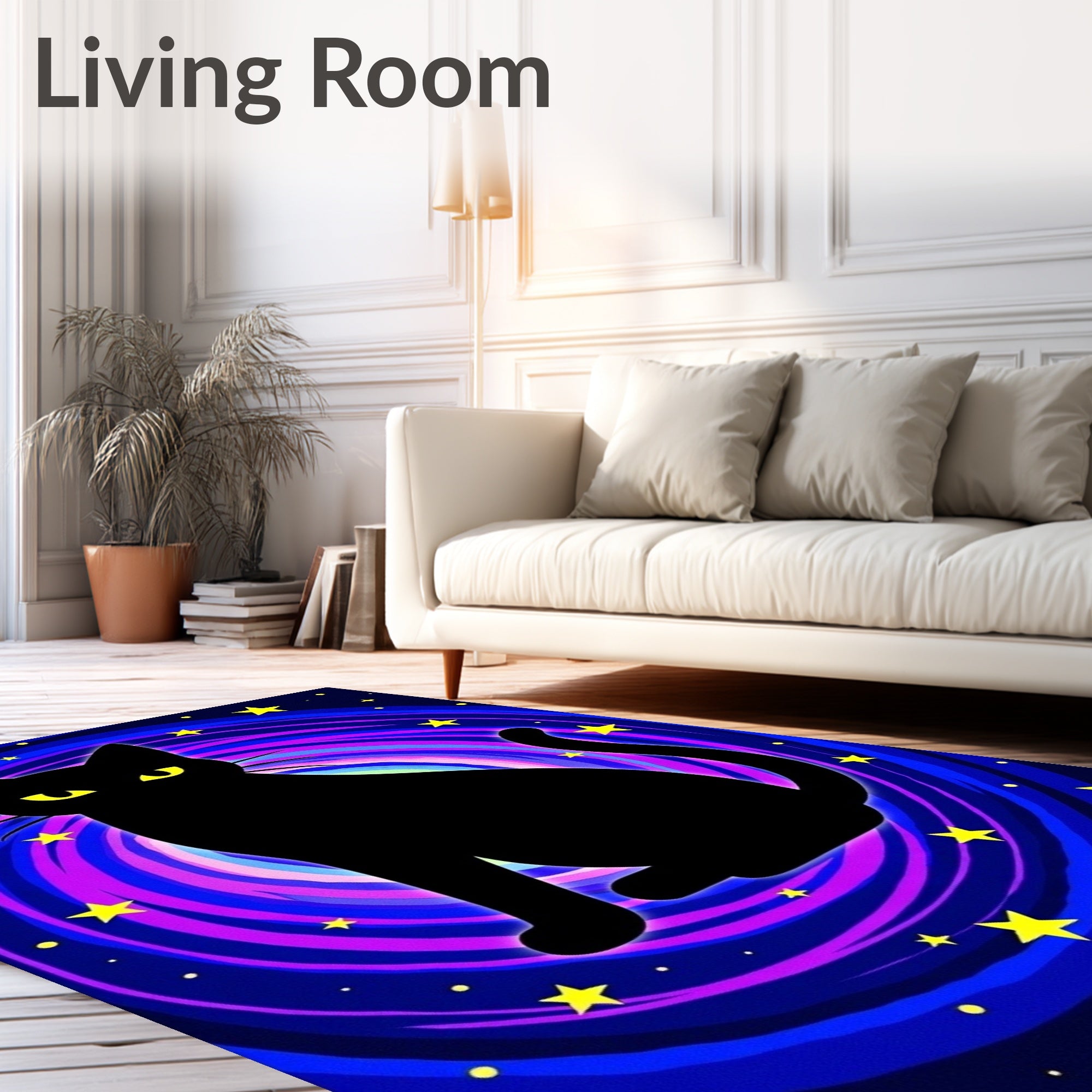 Black Cat Yellow Starry Swirl Rug