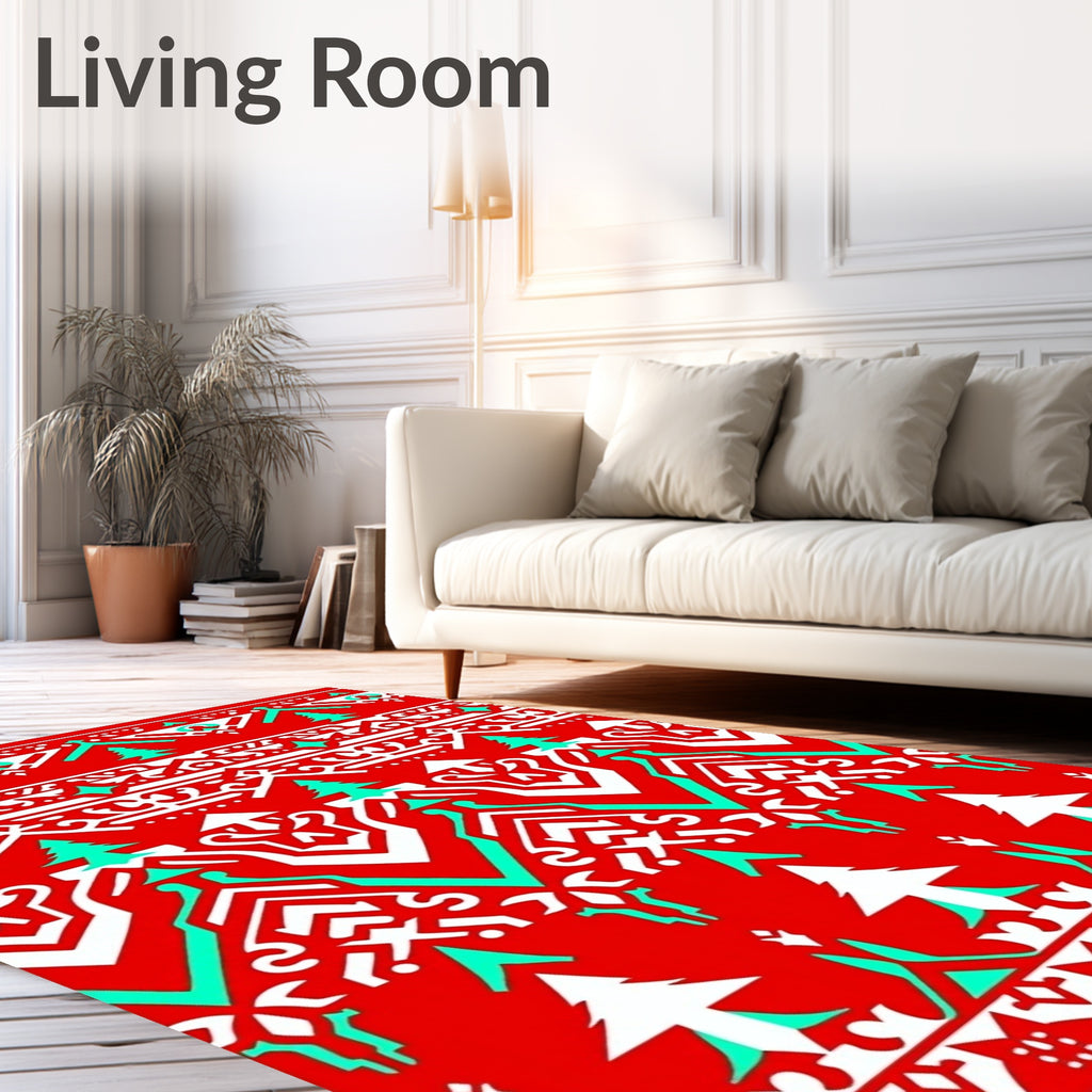 Bright Red Aqua White Festive Trees Rug