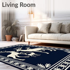 White Deer Family Navy Border Rug