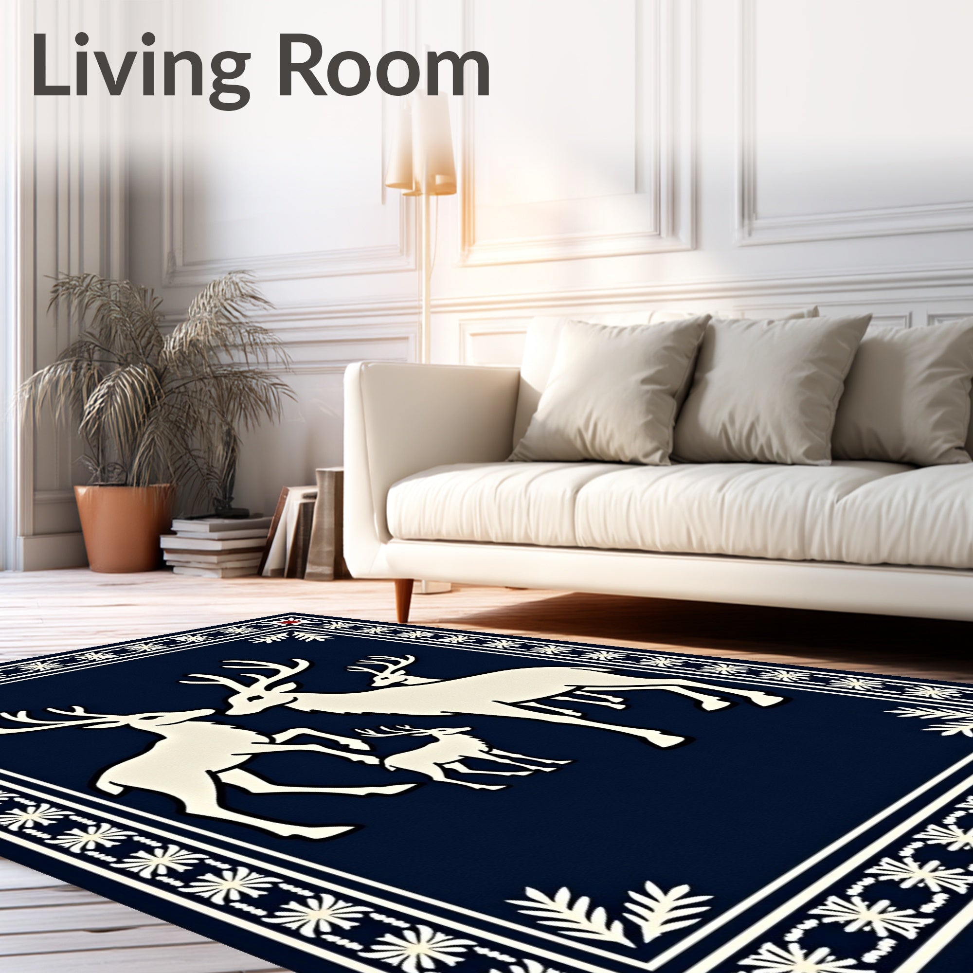 White Deer Family Navy Border Rug