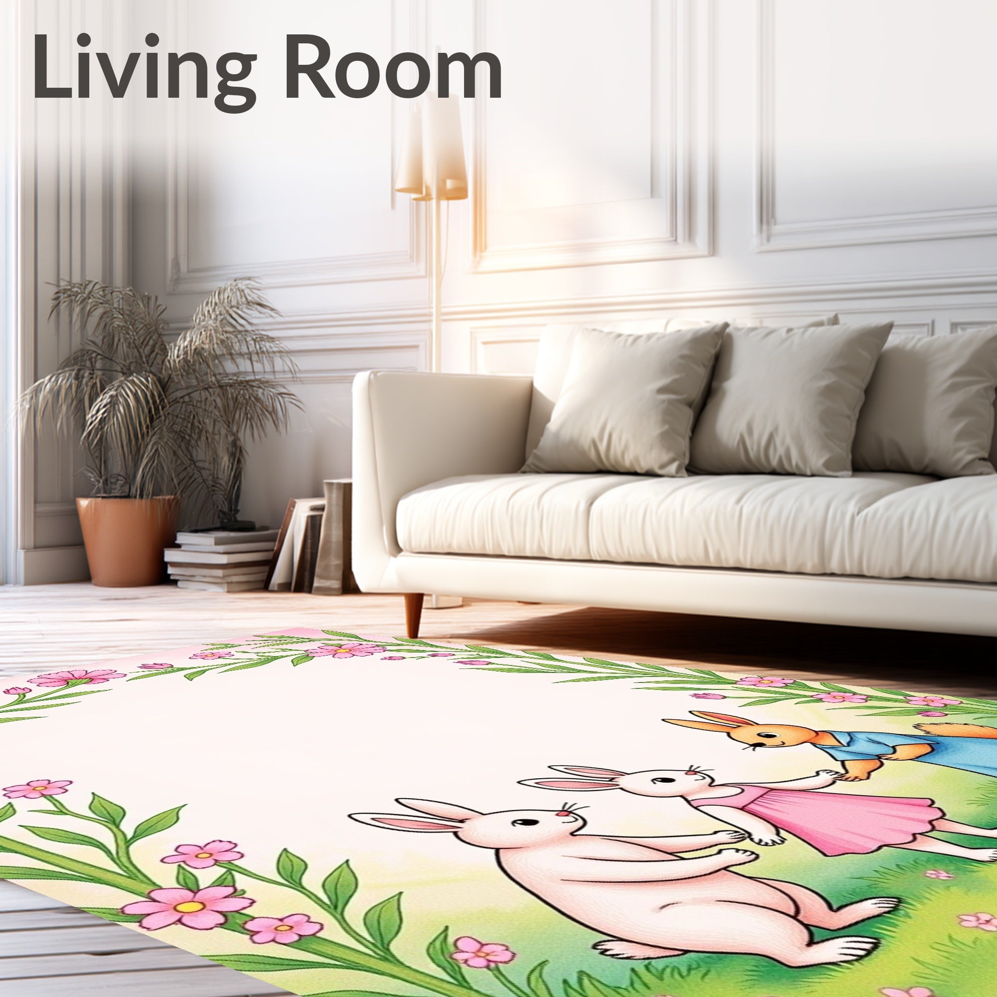 Pink Floral Garden Bunnies Rug
