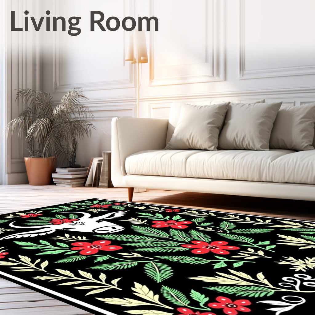 Whimsical Red Floral Cow Portrait Rug