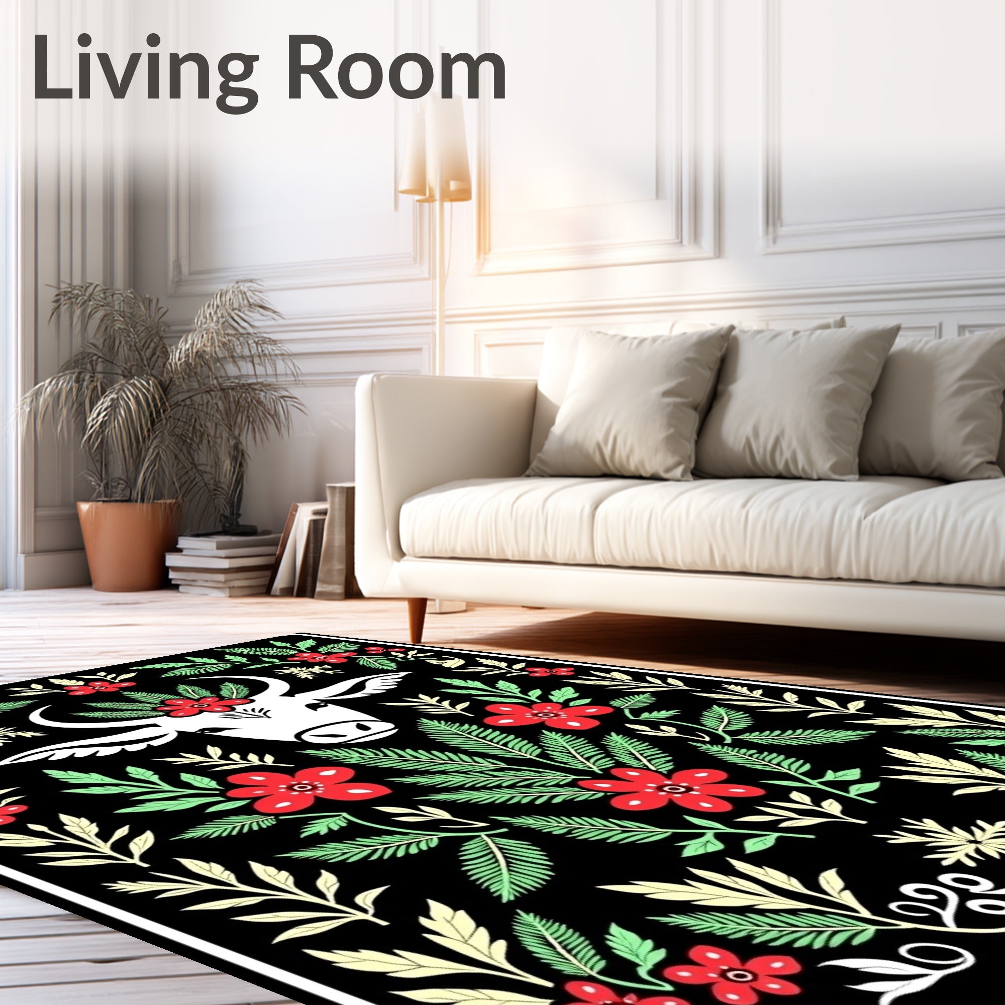 Whimsical Red Floral Cow Portrait Rug
