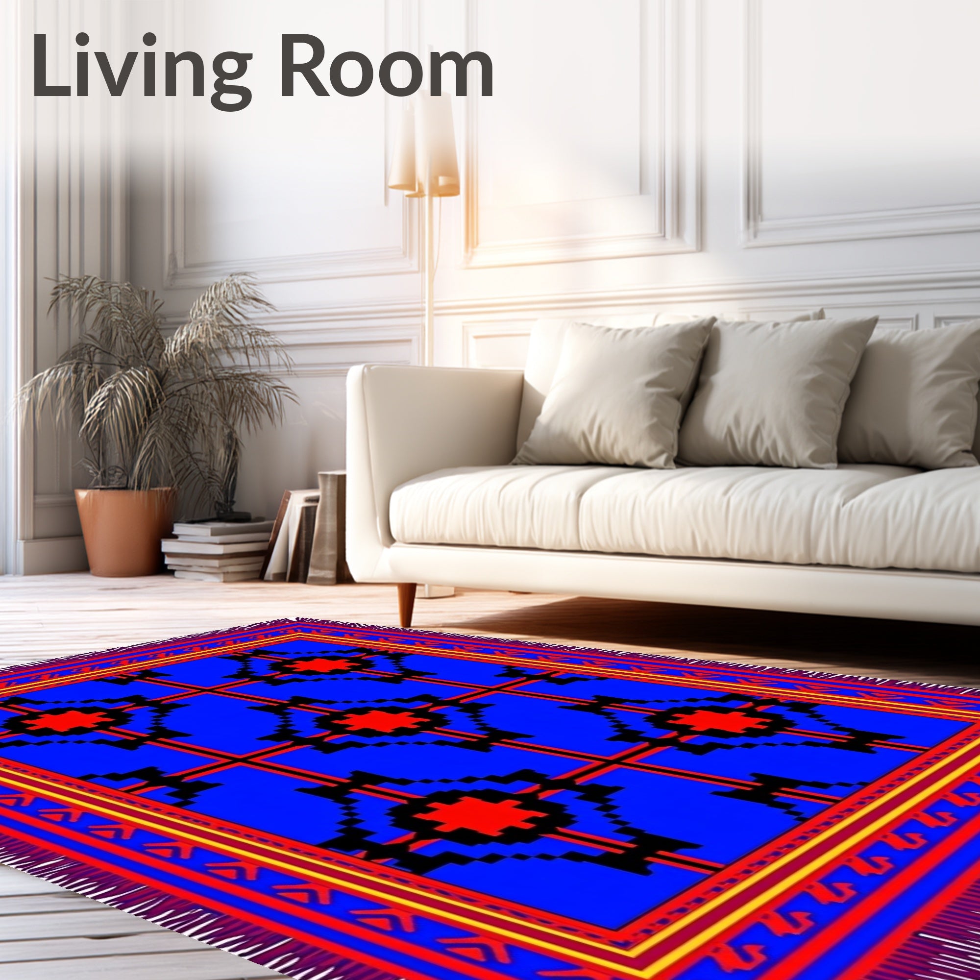Bold Blue Red Geometric Medallion Rug