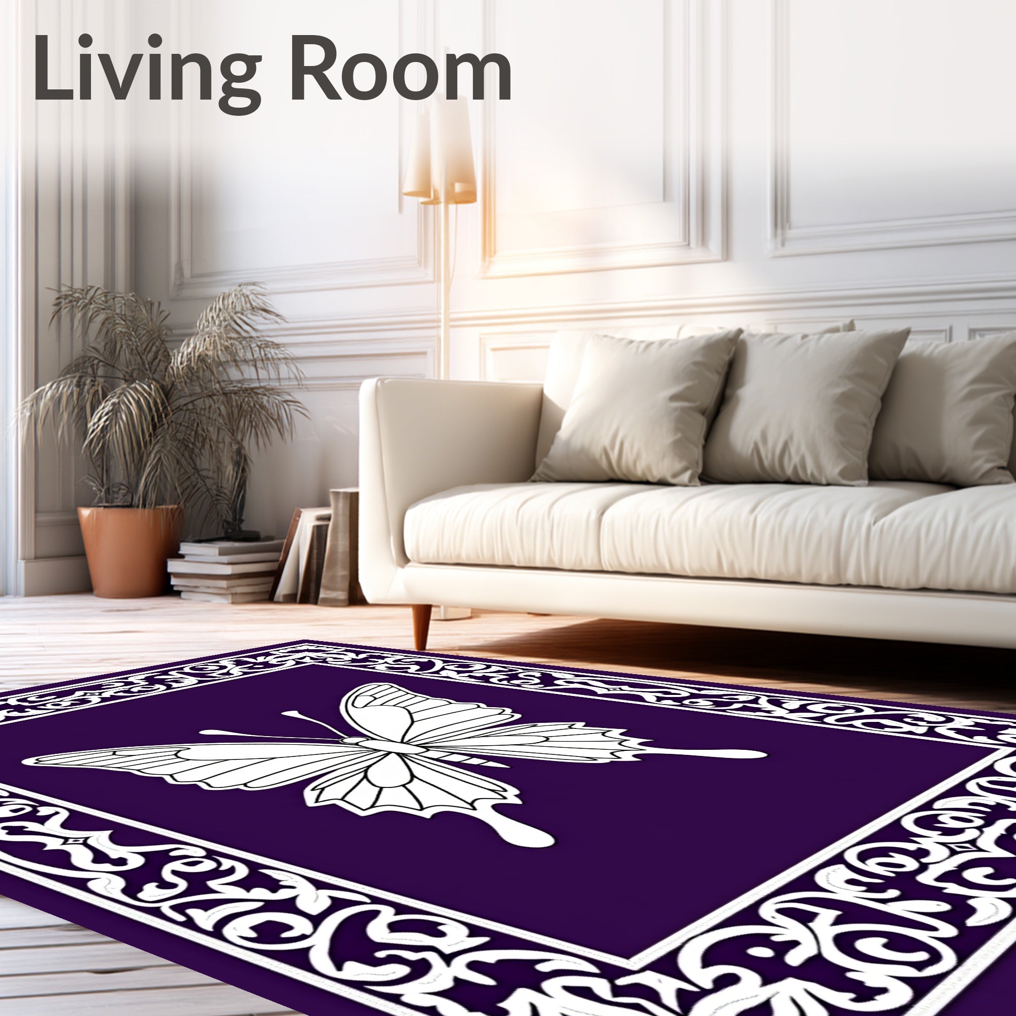 Elegant Purple Butterfly Ornamental Border Rug