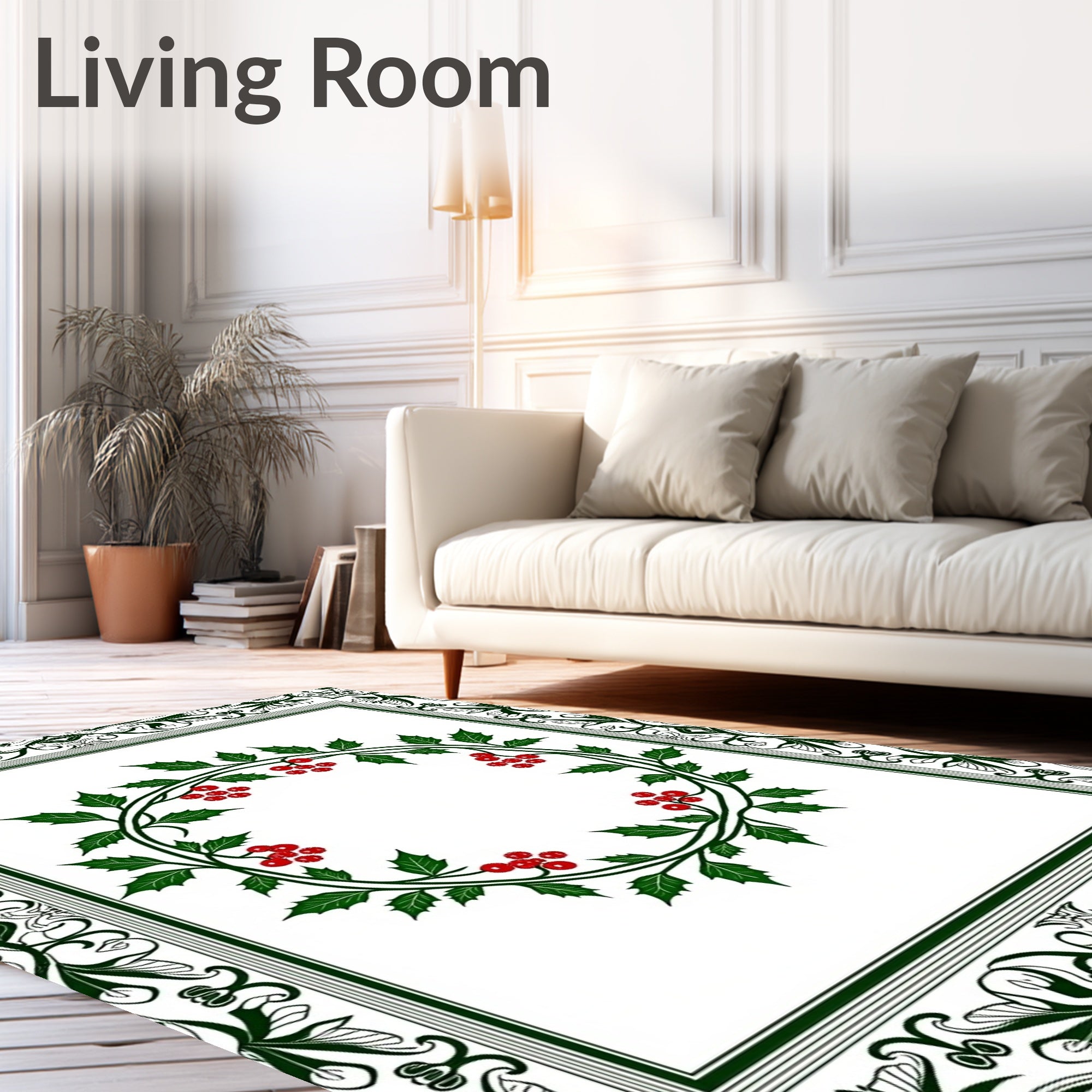 Elegant Green Holly Berry Wreath Border Rug