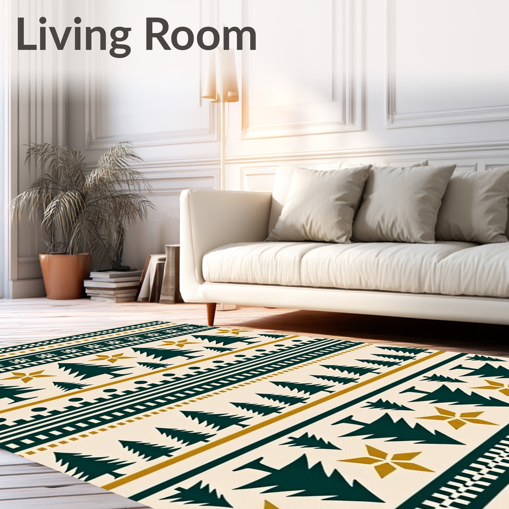 Forest Trees Golden Stars Festive Stripes Rug