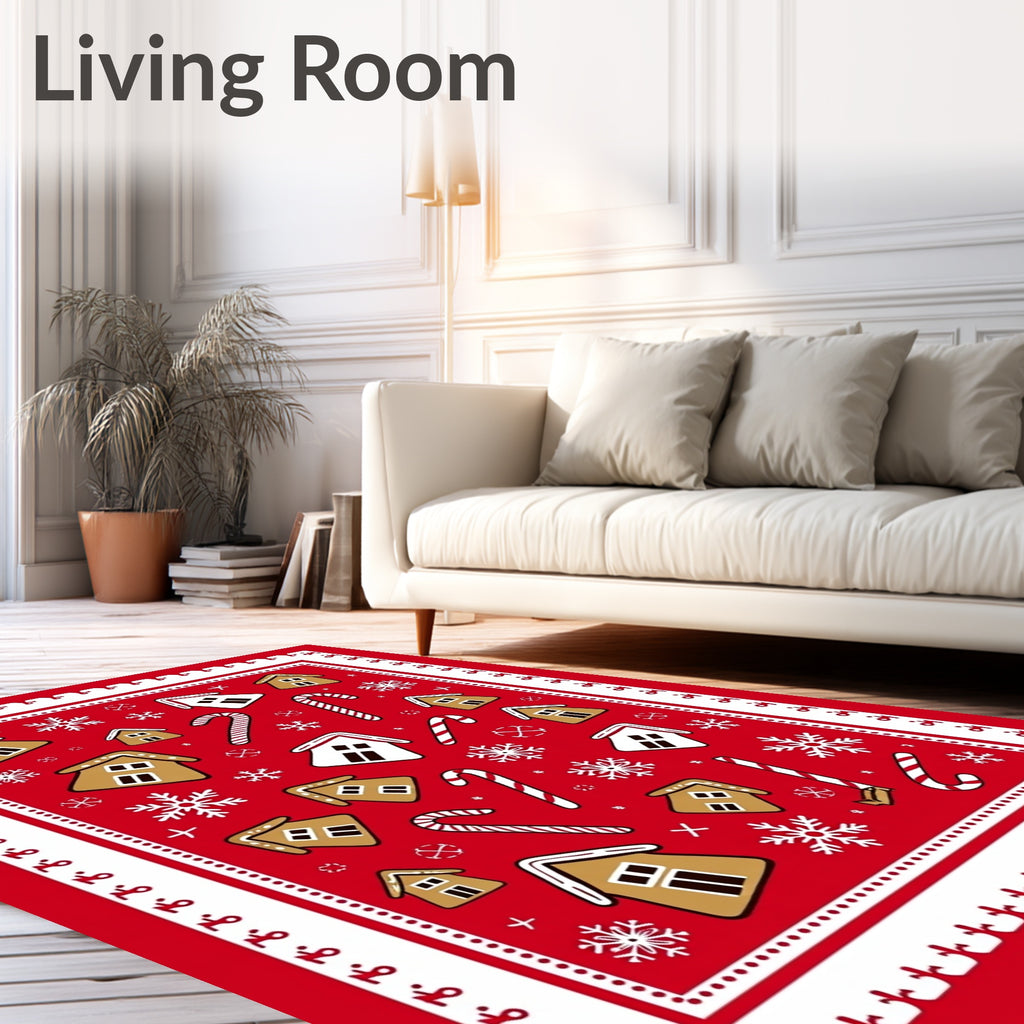 Christmas Gingerbread House Candy Cane Snowflakes Rug