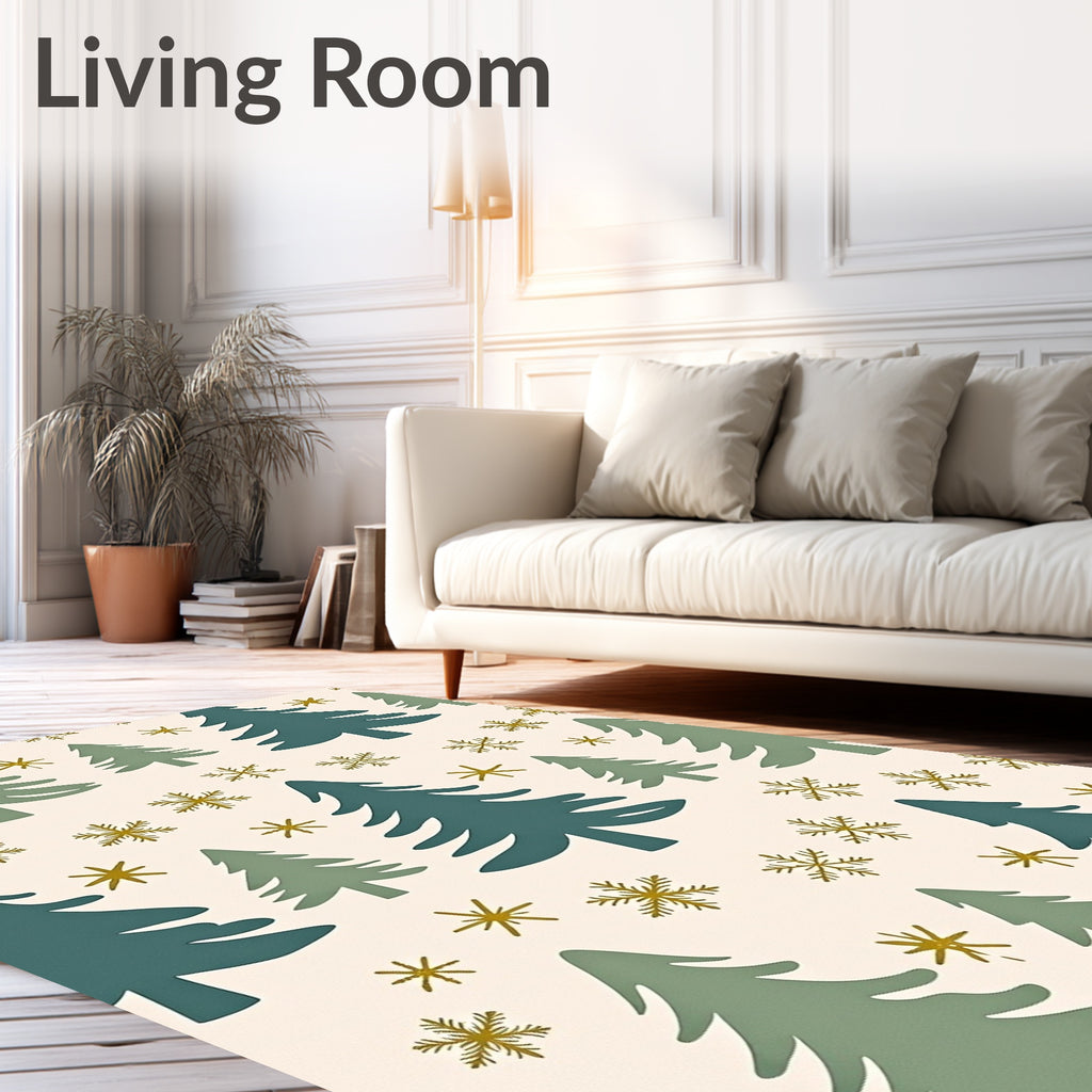 Winter Evergreen Snowflakes Trees Rug