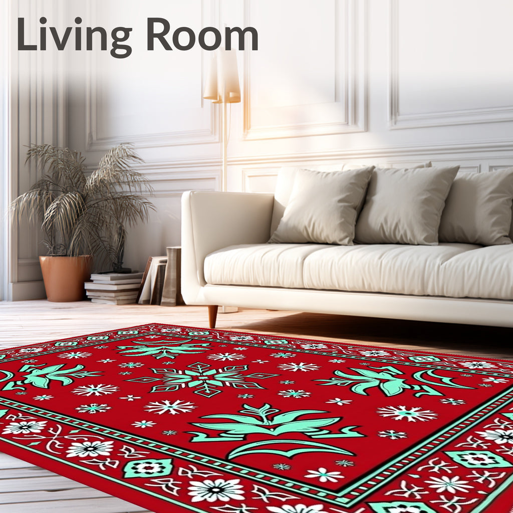 Red White Turquoise Floral Medallion Rug