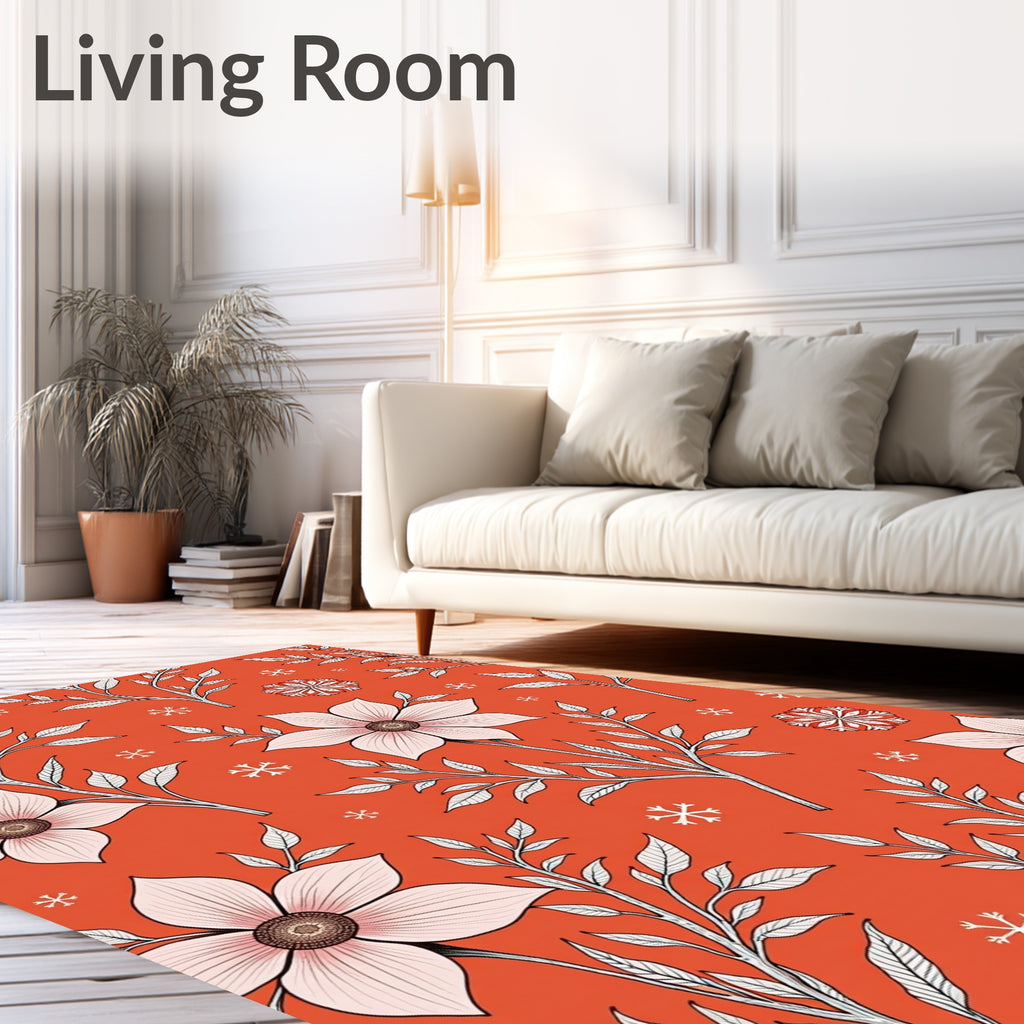 Coral Pink Floral Snow Flake Vines Rug