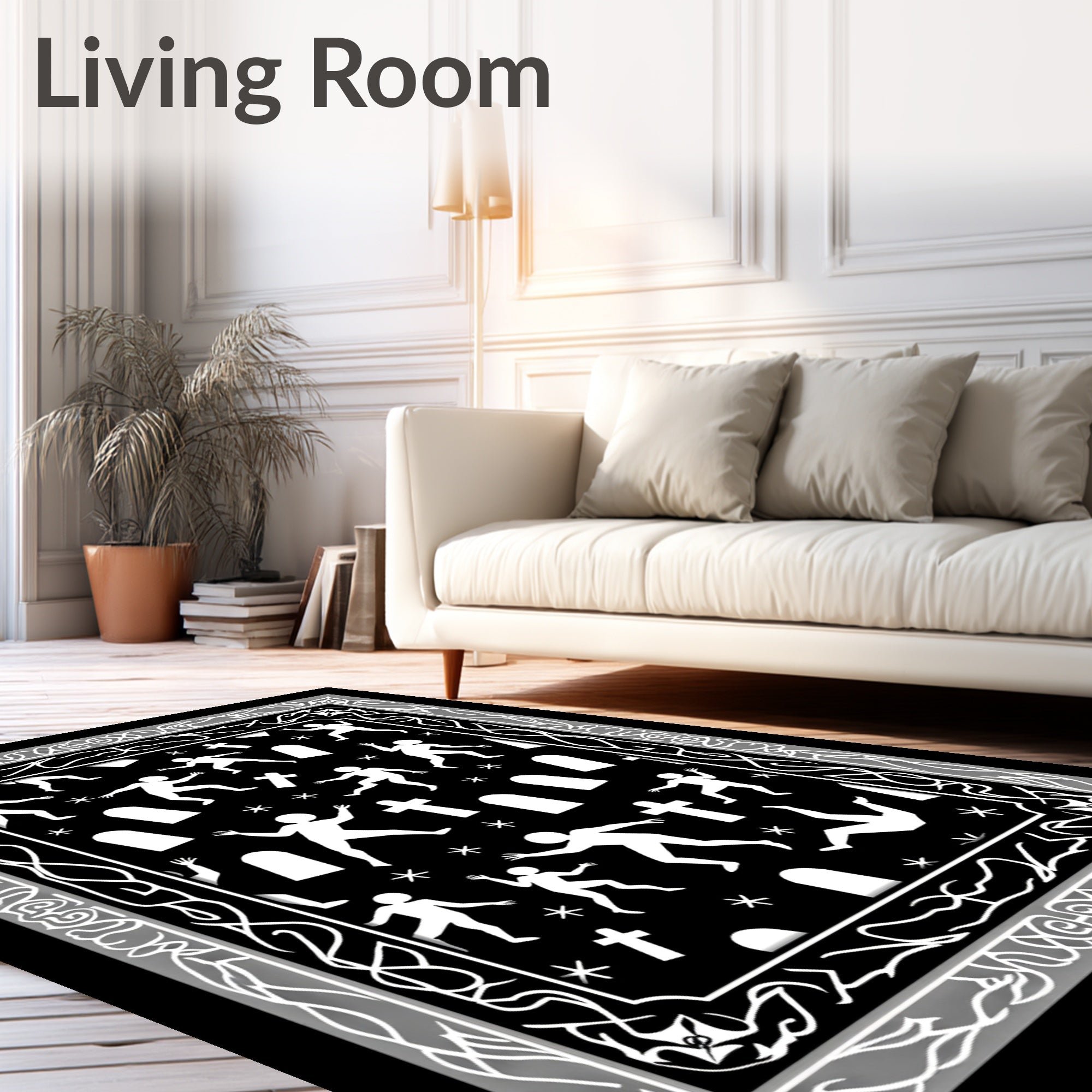Spooky Black White Graveyard Figures Rug