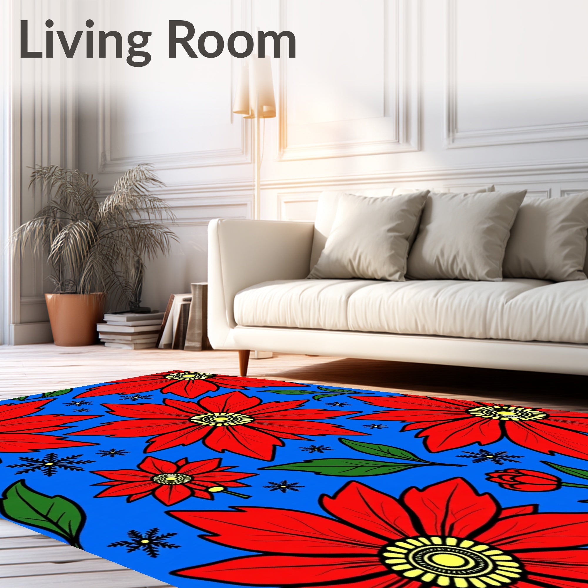 Bold Red Poinsettia Floral Snowflakes Rug
