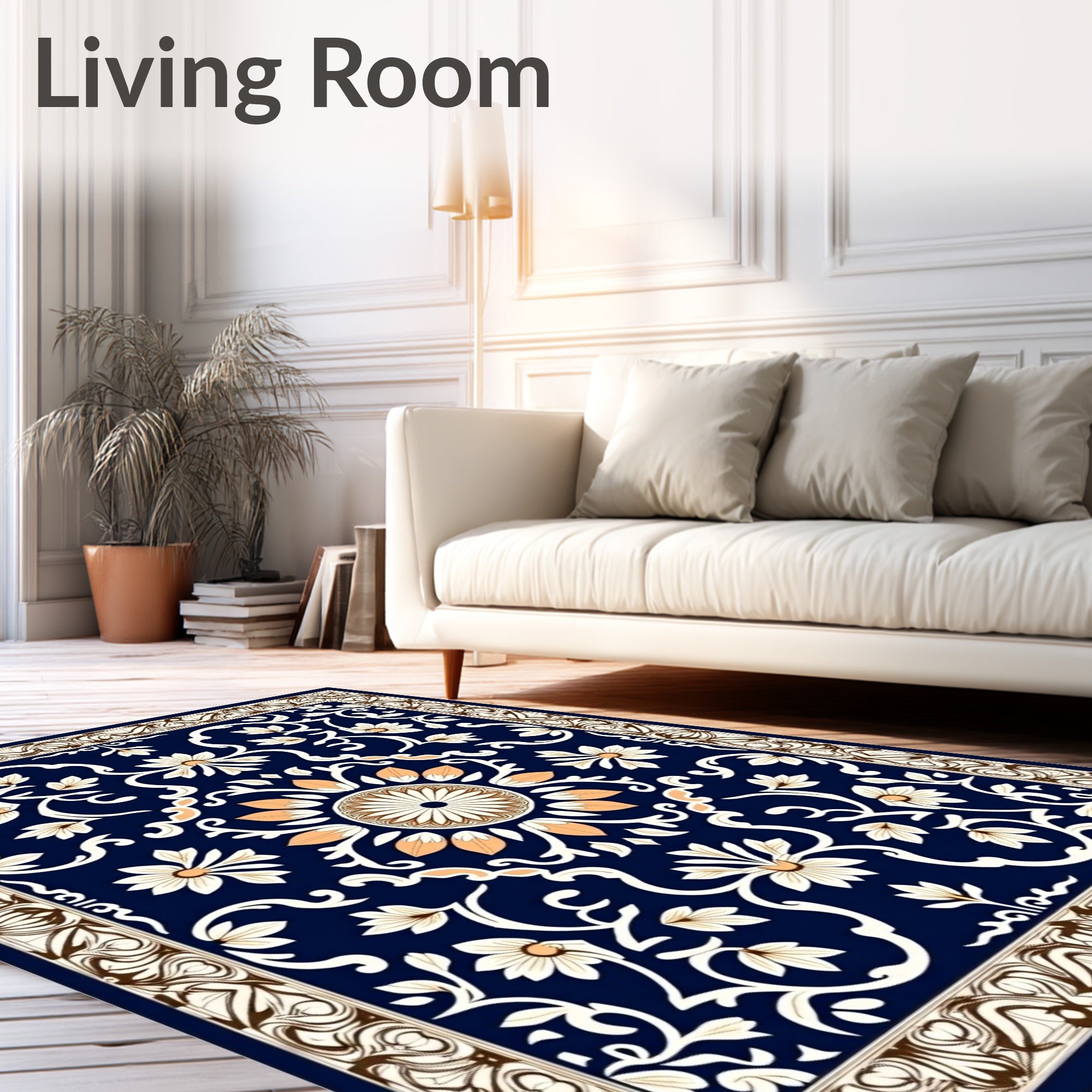 Classic Navy Floral Medallion Border Rug