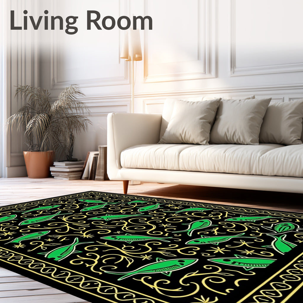 Black Green Fish Swirl Botanical Border Rug