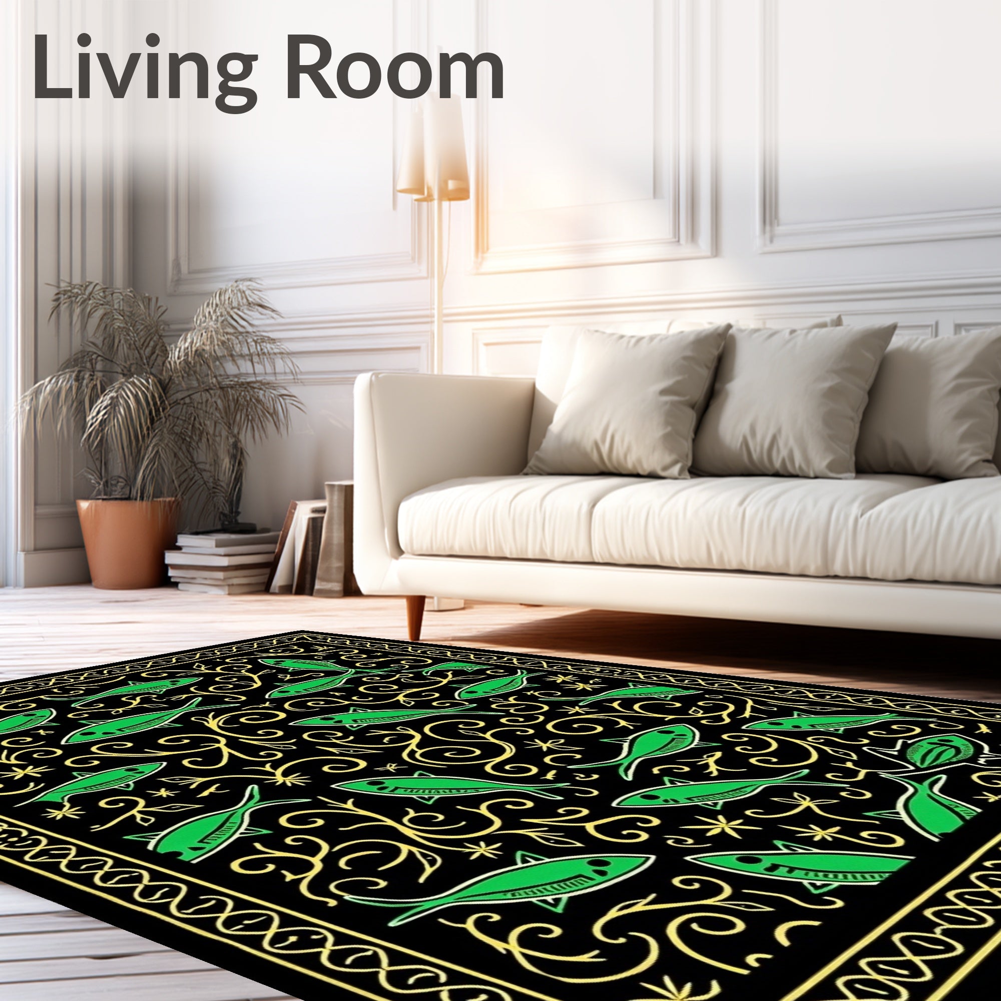 Black Green Fish Swirl Botanical Border Rug