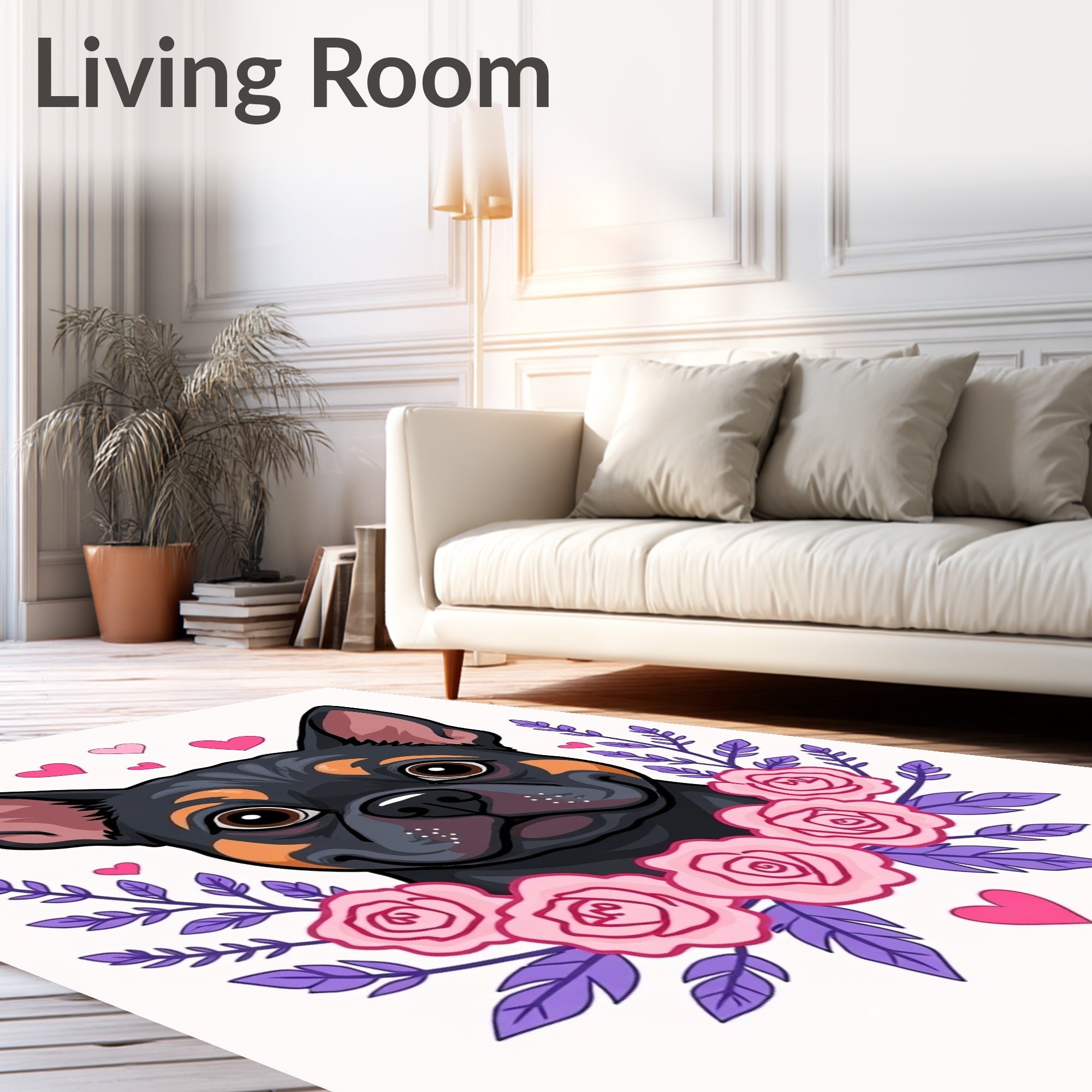 Black Tan Dog Pink Rose Heart Wreath Rug
