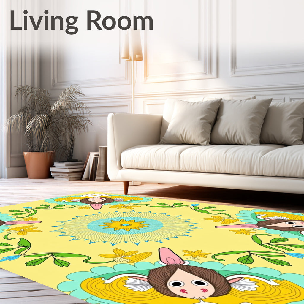 Yellow Cartoon Character Floral Rug