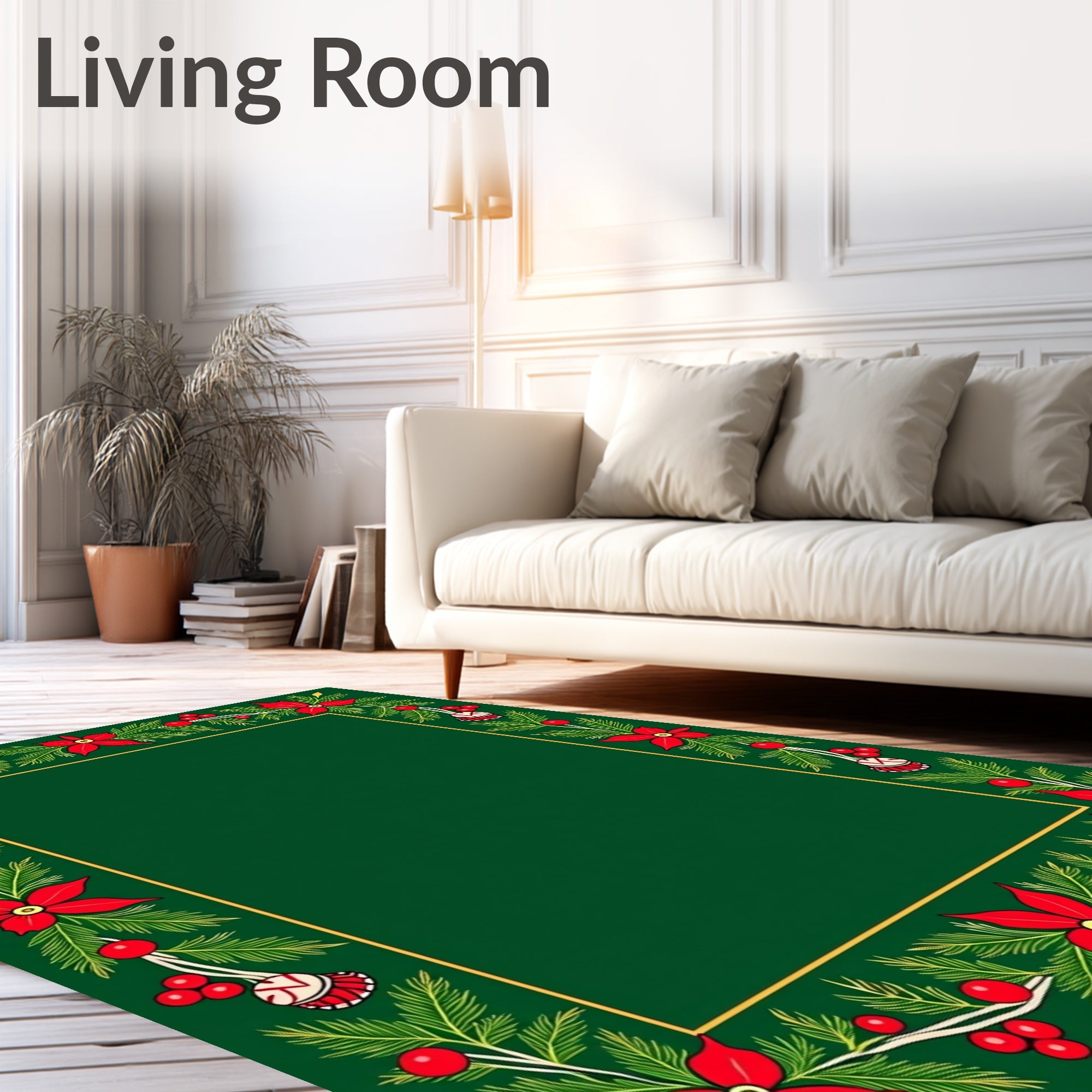 Festive Red Poinsettia Pine Border Rug