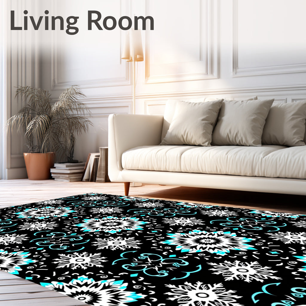 Black White Aqua Floral Medallion Tapestry Rug