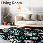 Black White Aqua Floral Medallion Tapestry Rug