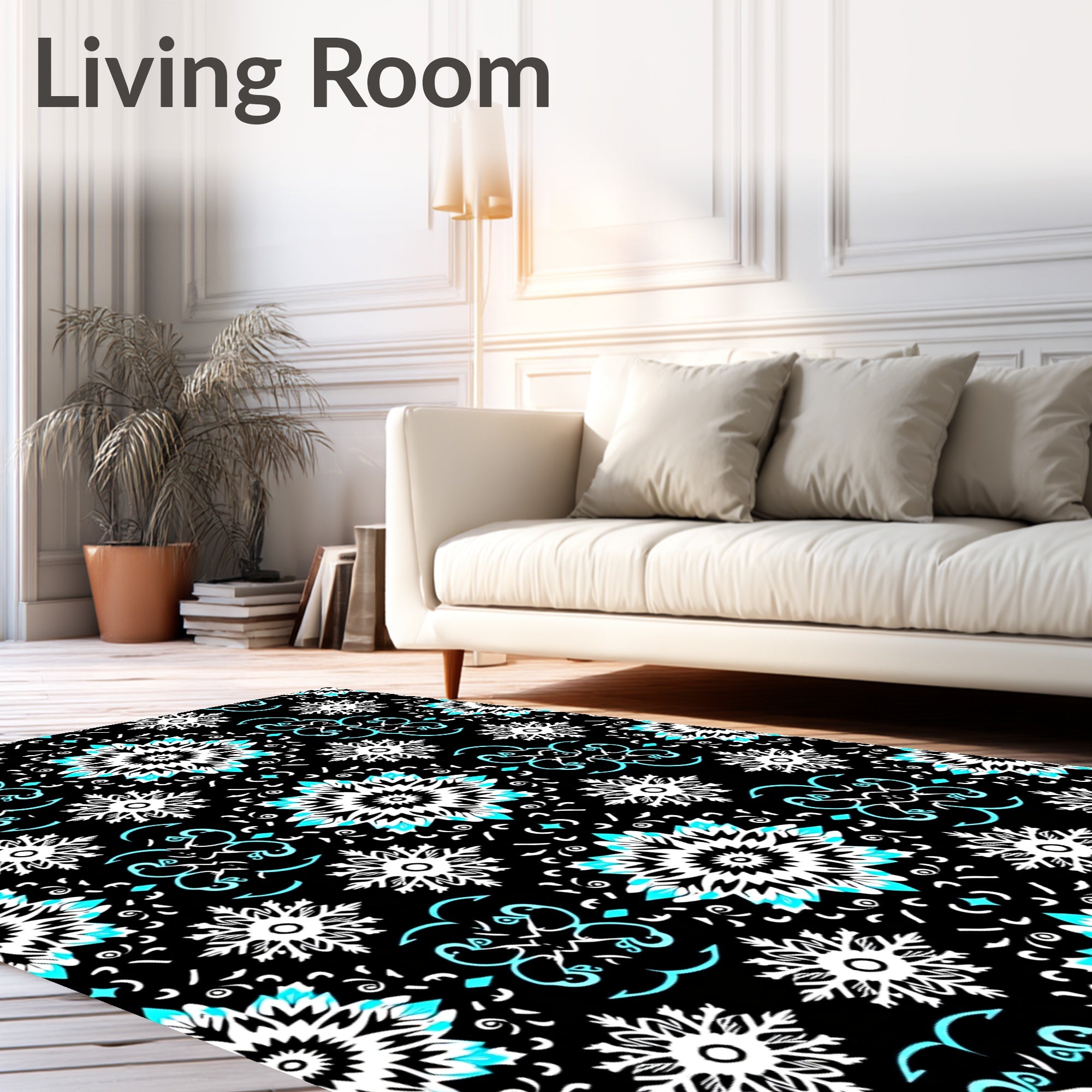 Black White Aqua Floral Medallion Tapestry Rug
