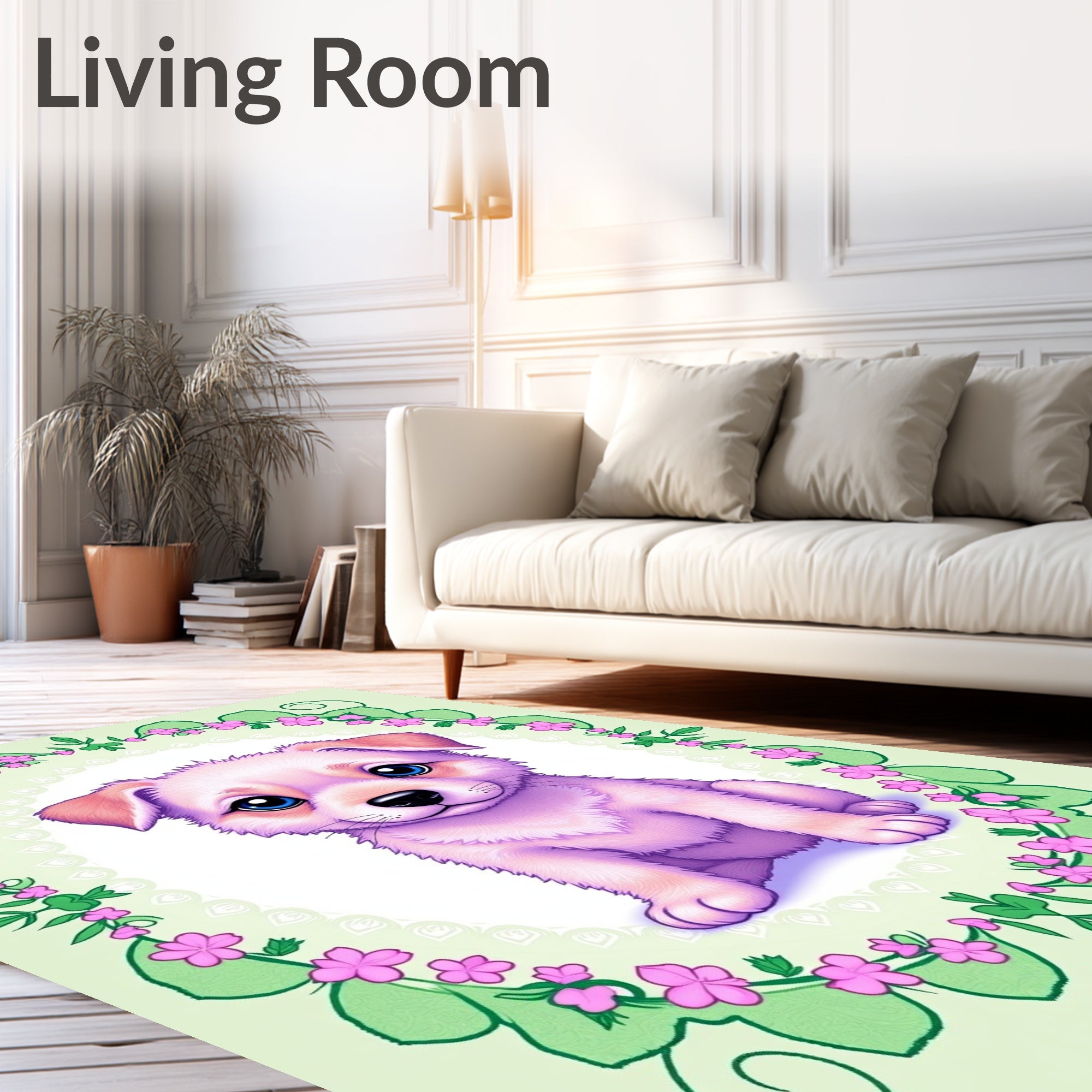Precious Pink Puppy Floral Frame Rug