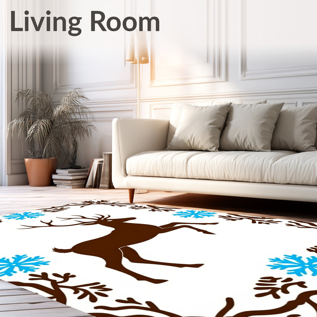 Brown Deer Blue Snowflakes Winter Scene Rug