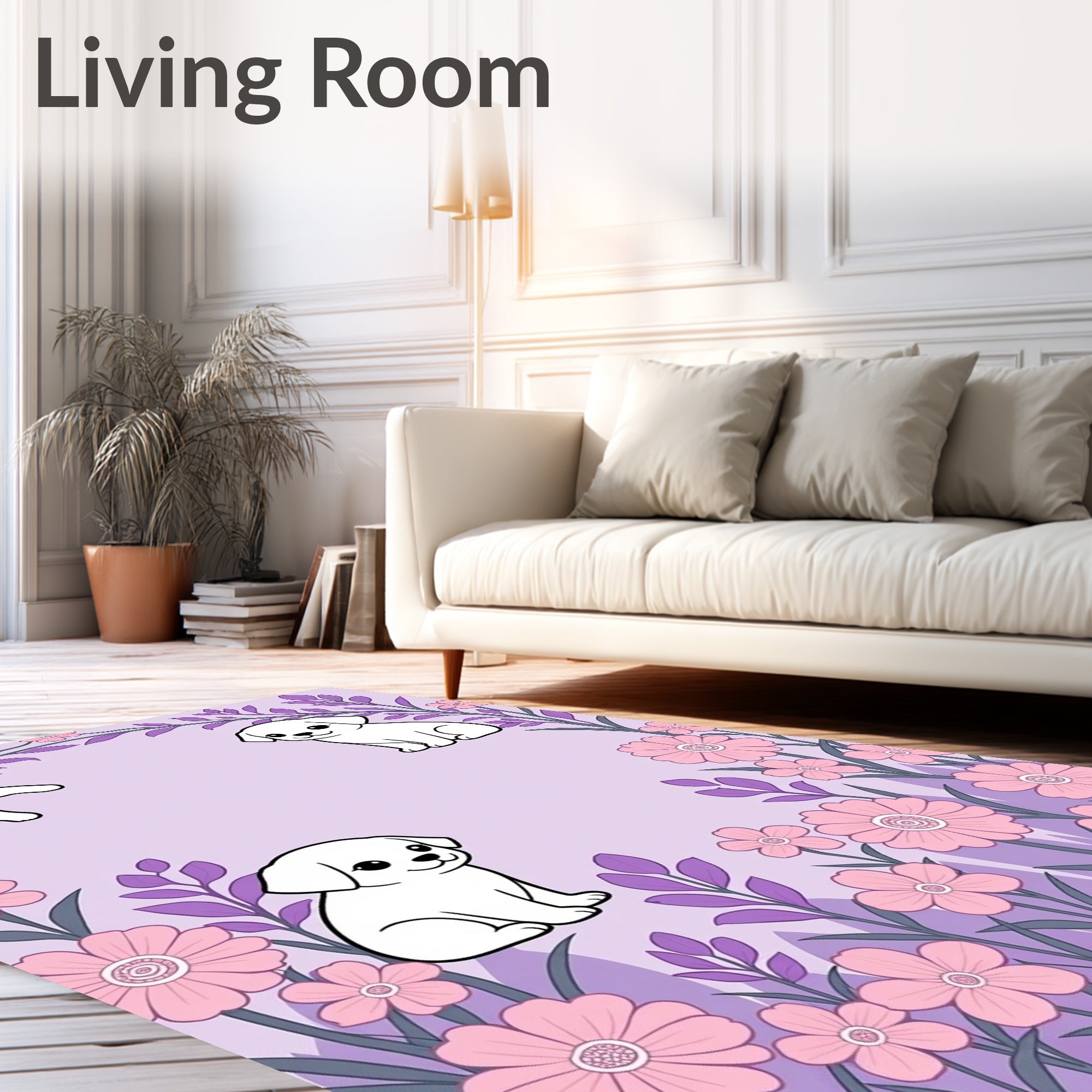 Playful Puppy Garden Whimsical Lavender Rug