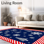 Navy White Red Snowfall Trees Border Rug