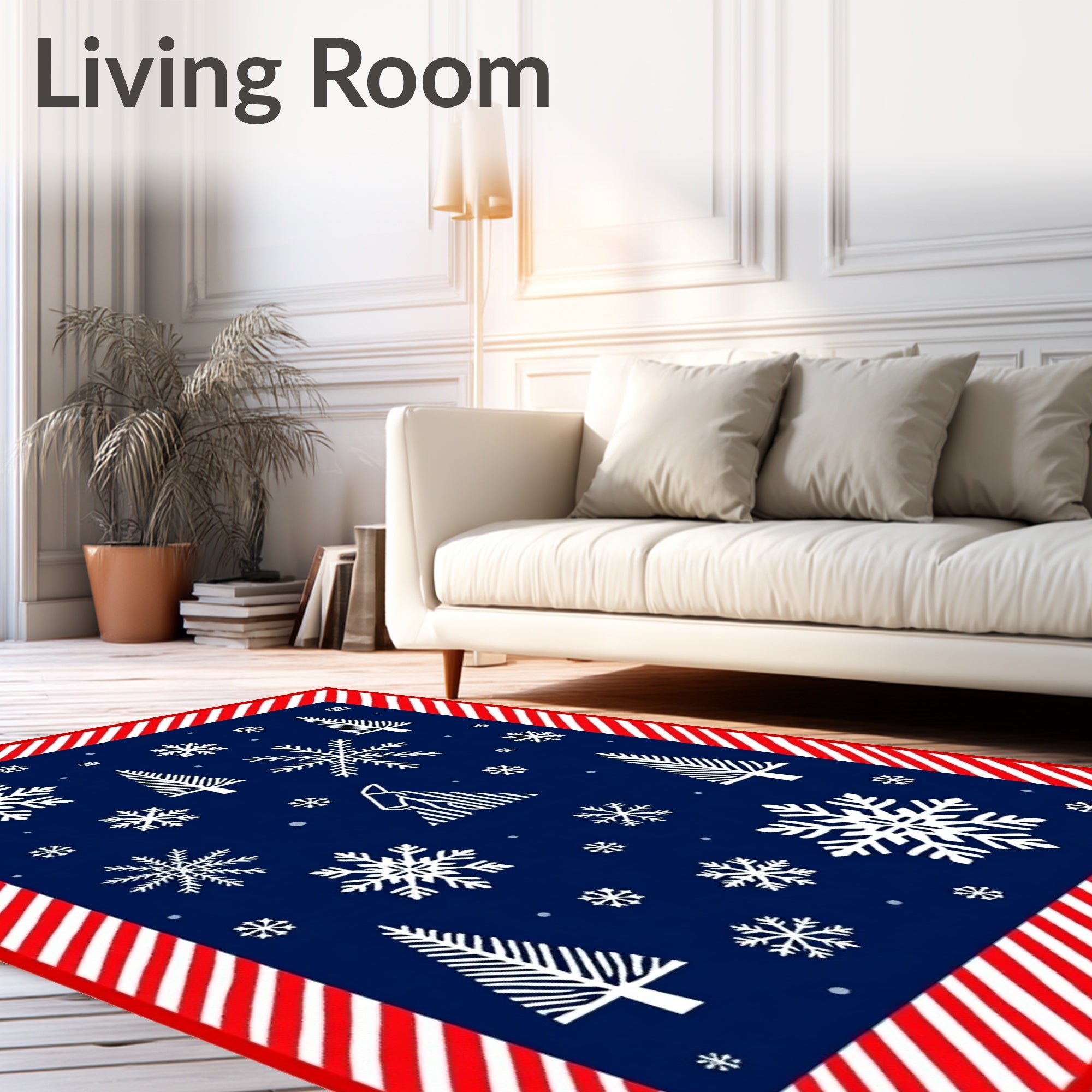 Navy White Red Snowfall Trees Border Rug