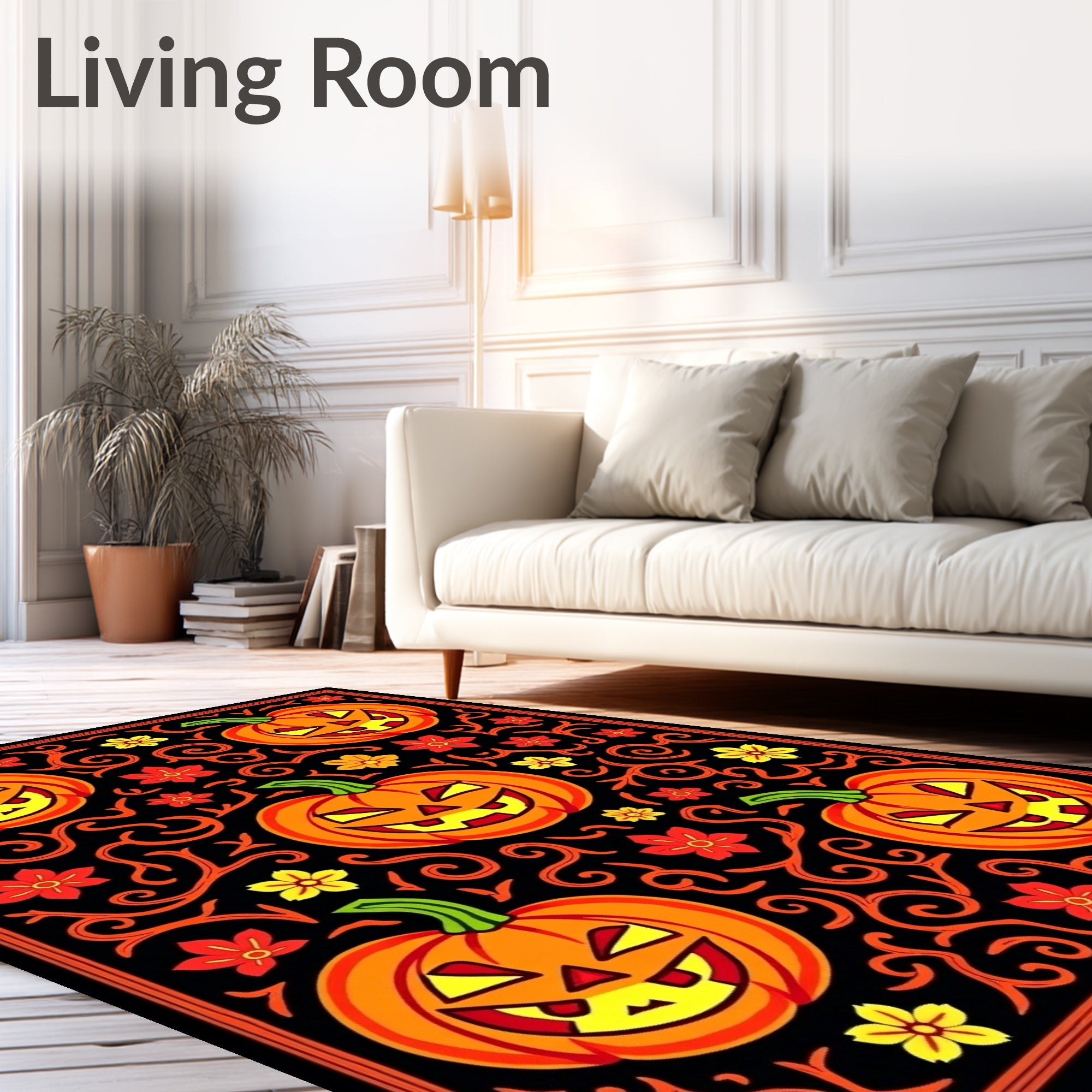 Spooky Orange Jack-o'-lantern Skull Vine Rug