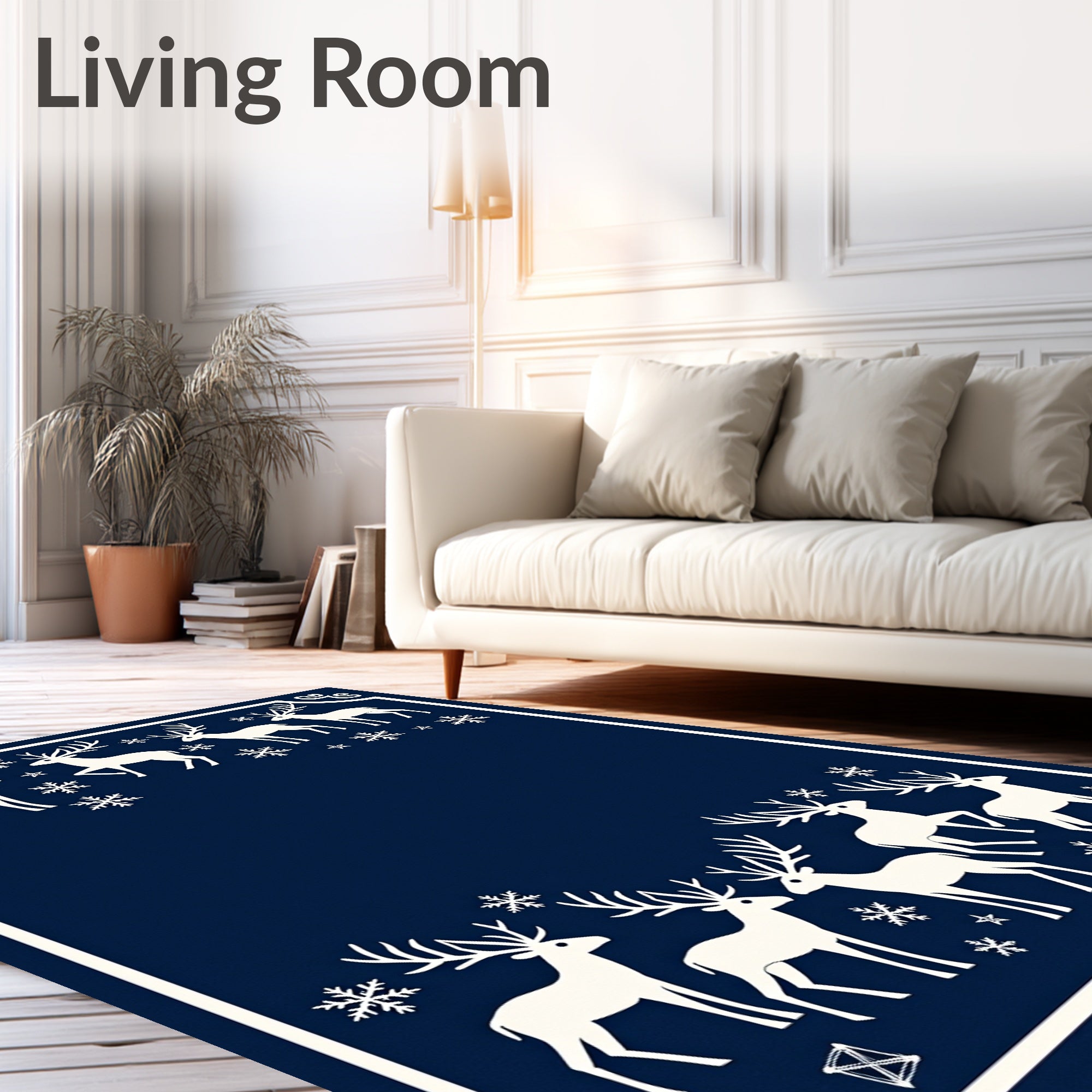 Winter Deer Snowflake Navy Blue Rug