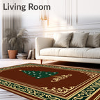 Ornate Green Christmas Tree Brown Rug