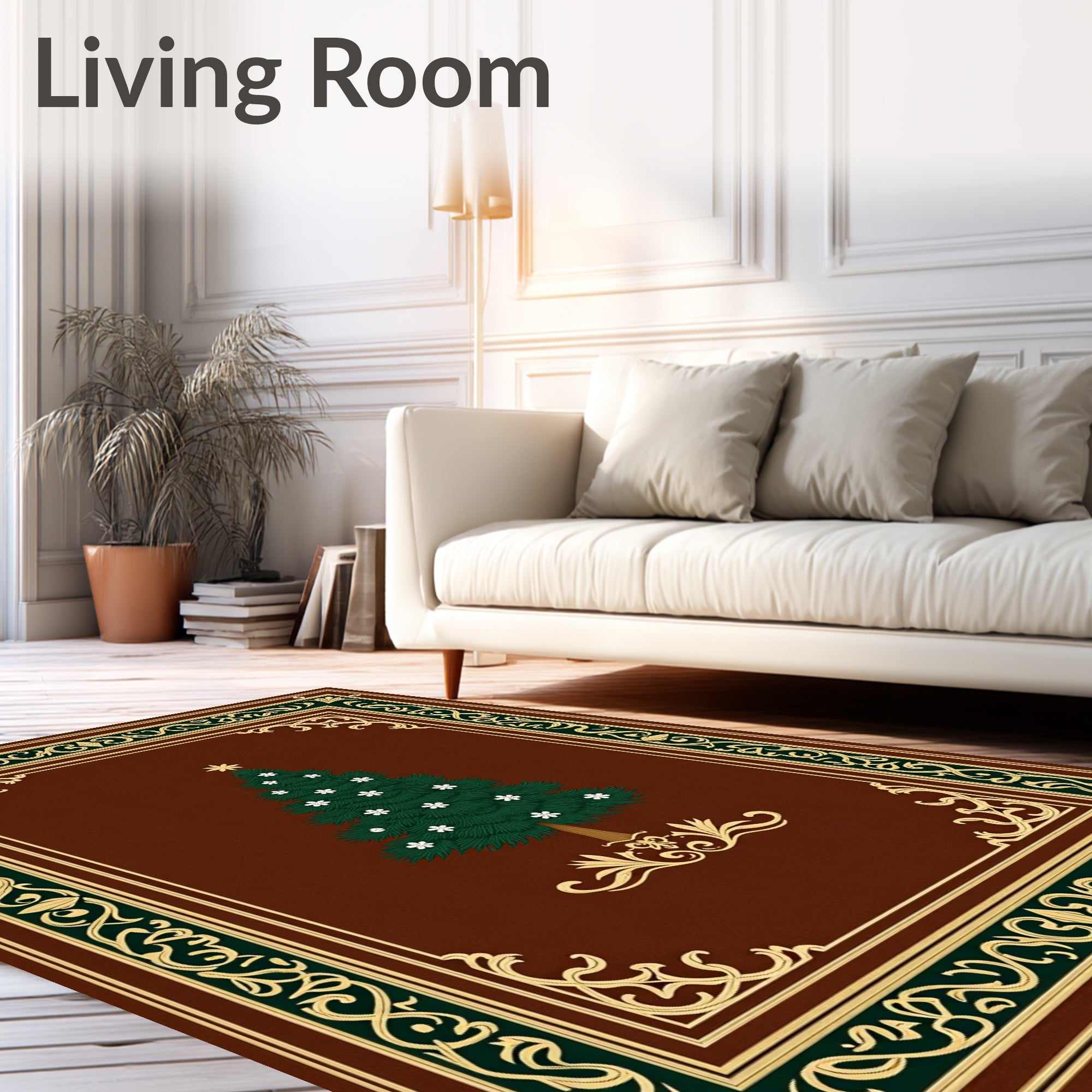 Ornate Green Christmas Tree Brown Rug