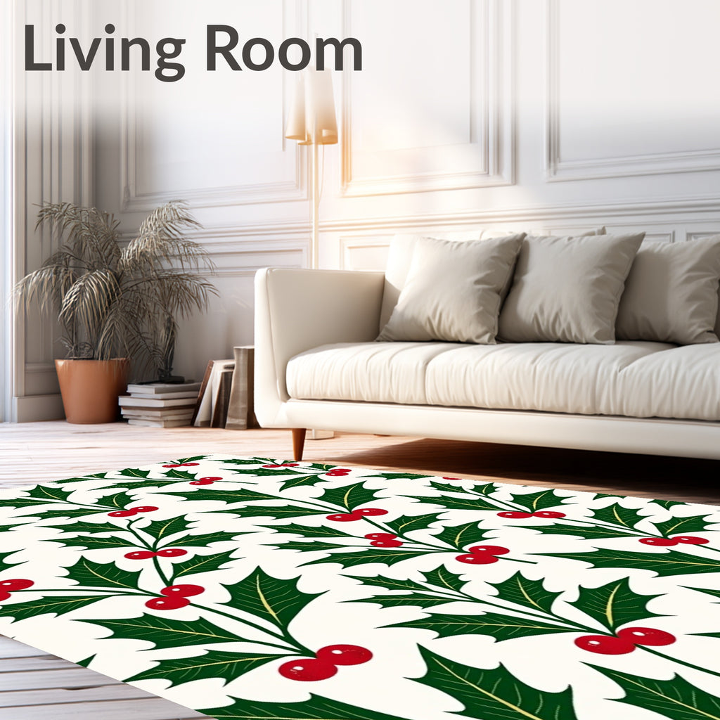 Traditional Green Holly Berry Branches Rug