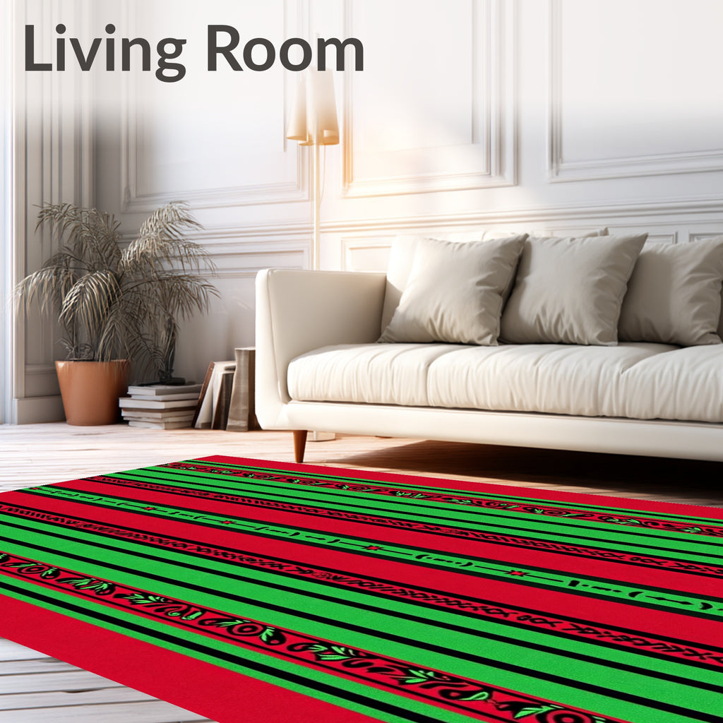 Bold Red Green Floral Stripe Rug