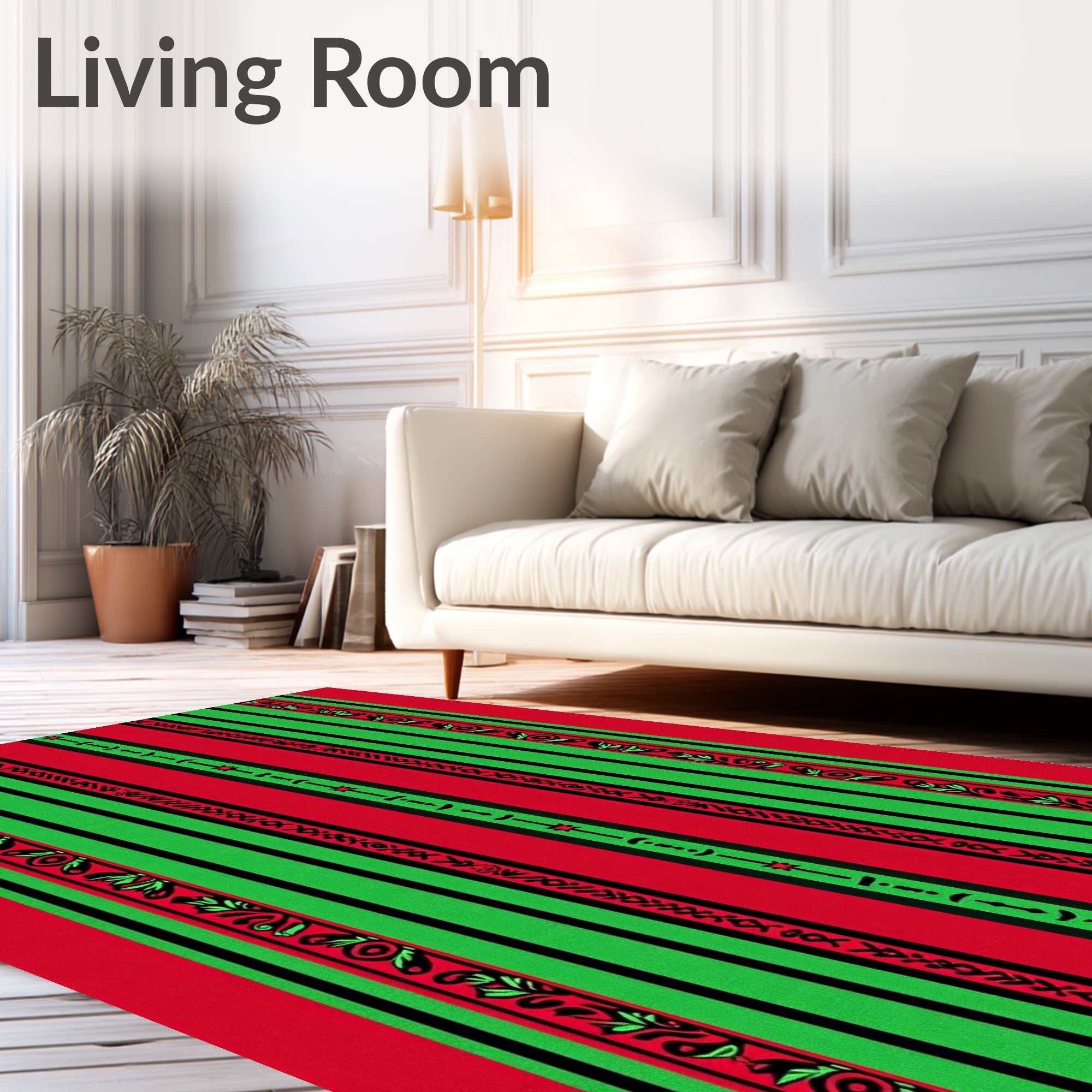 Bold Red Green Floral Stripe Rug