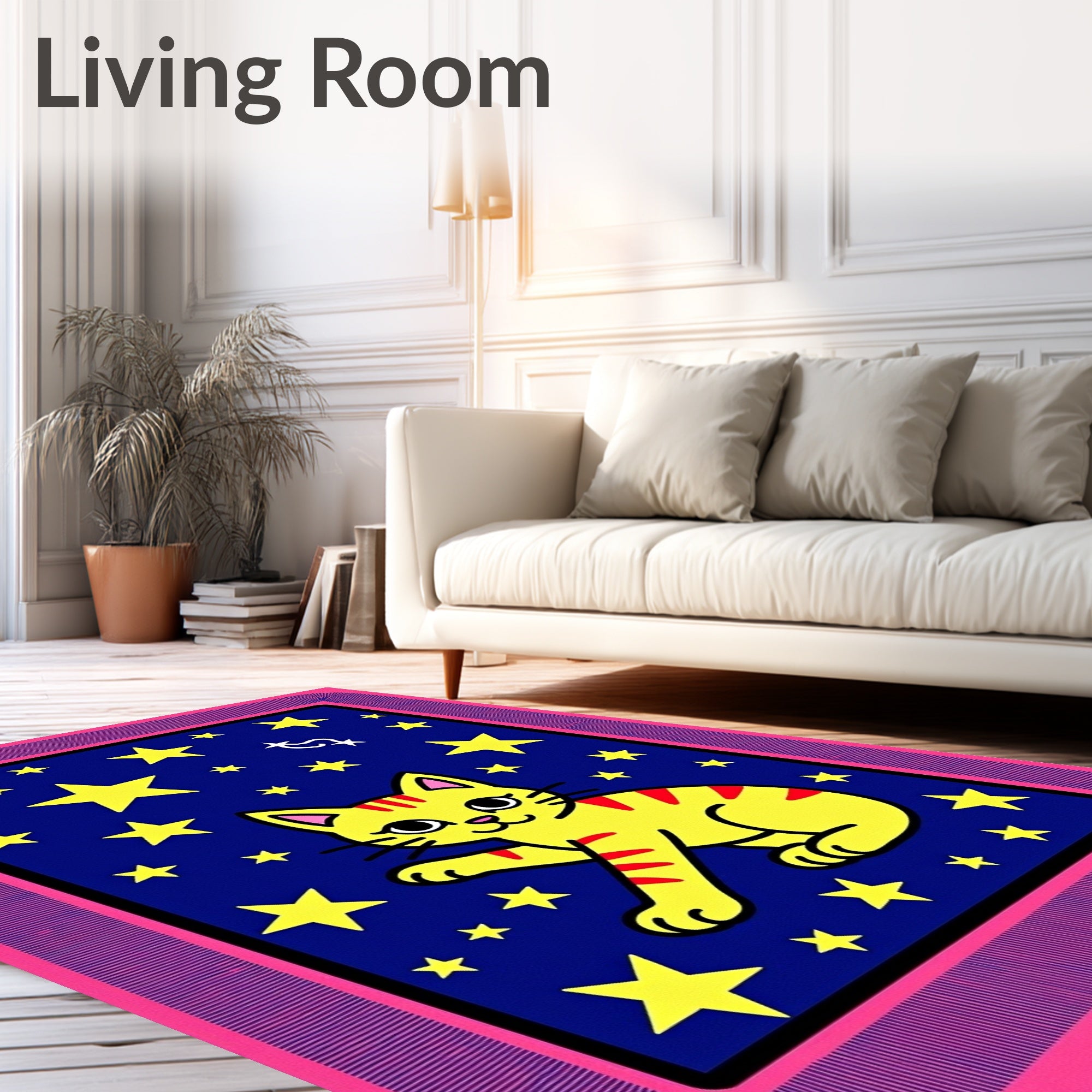 Yellow Cat Among Yellow Stars Rug