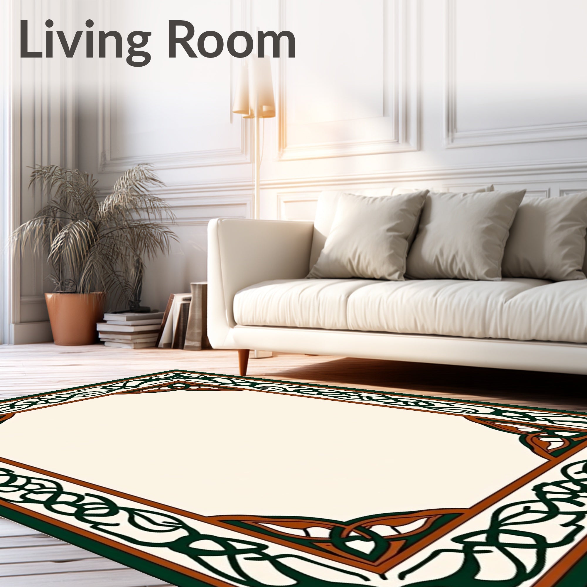Ornate Green Brown Celtic Knot Border Rug