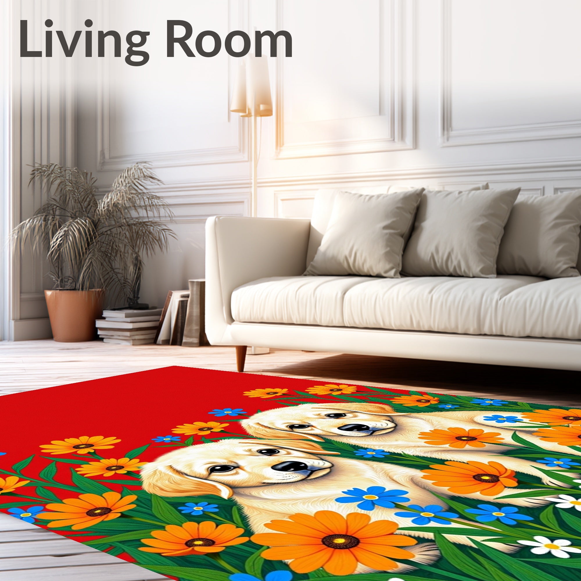 Golden Puppies Amongst Bright Flowers Rug