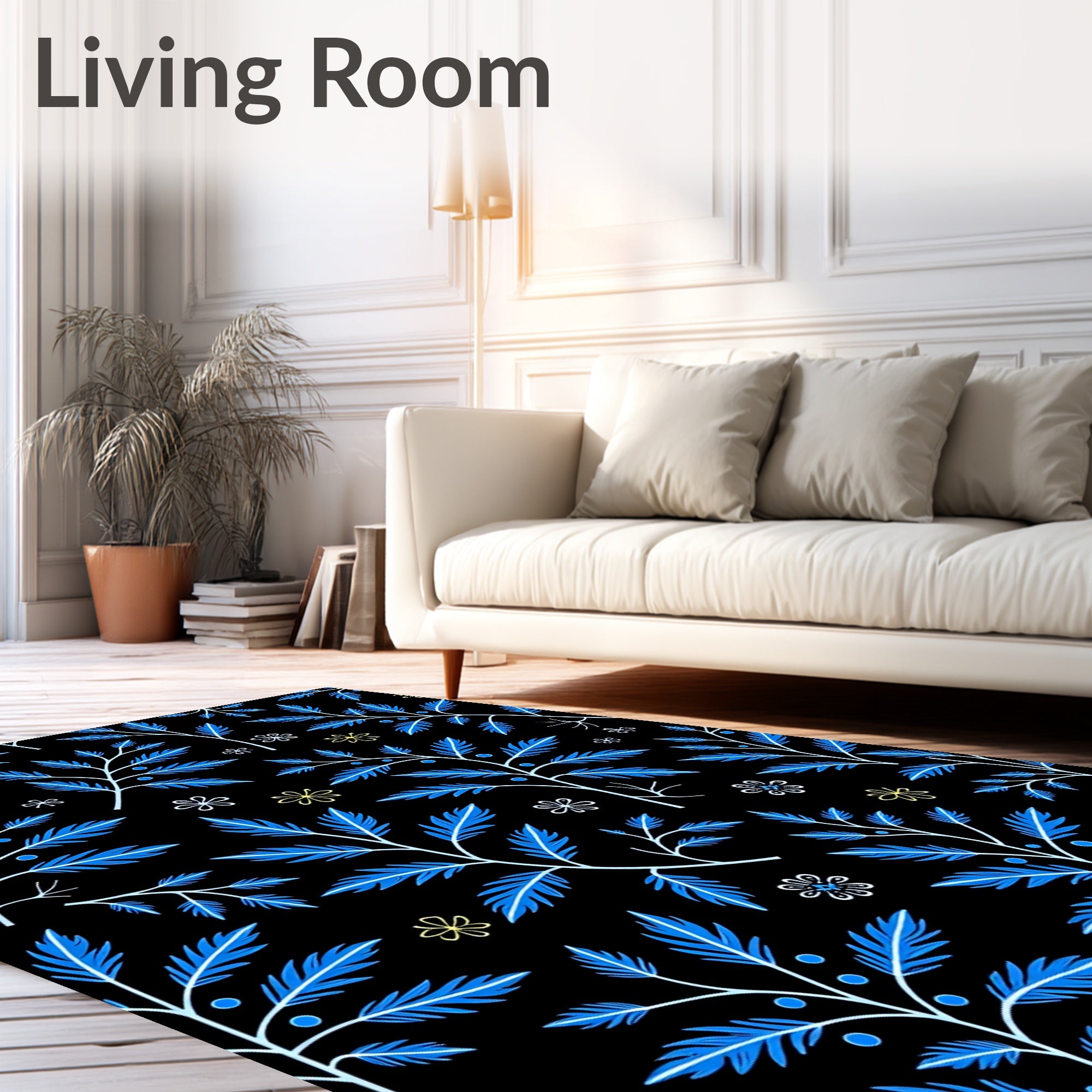 Vivid Blue Branch White Flower Rug